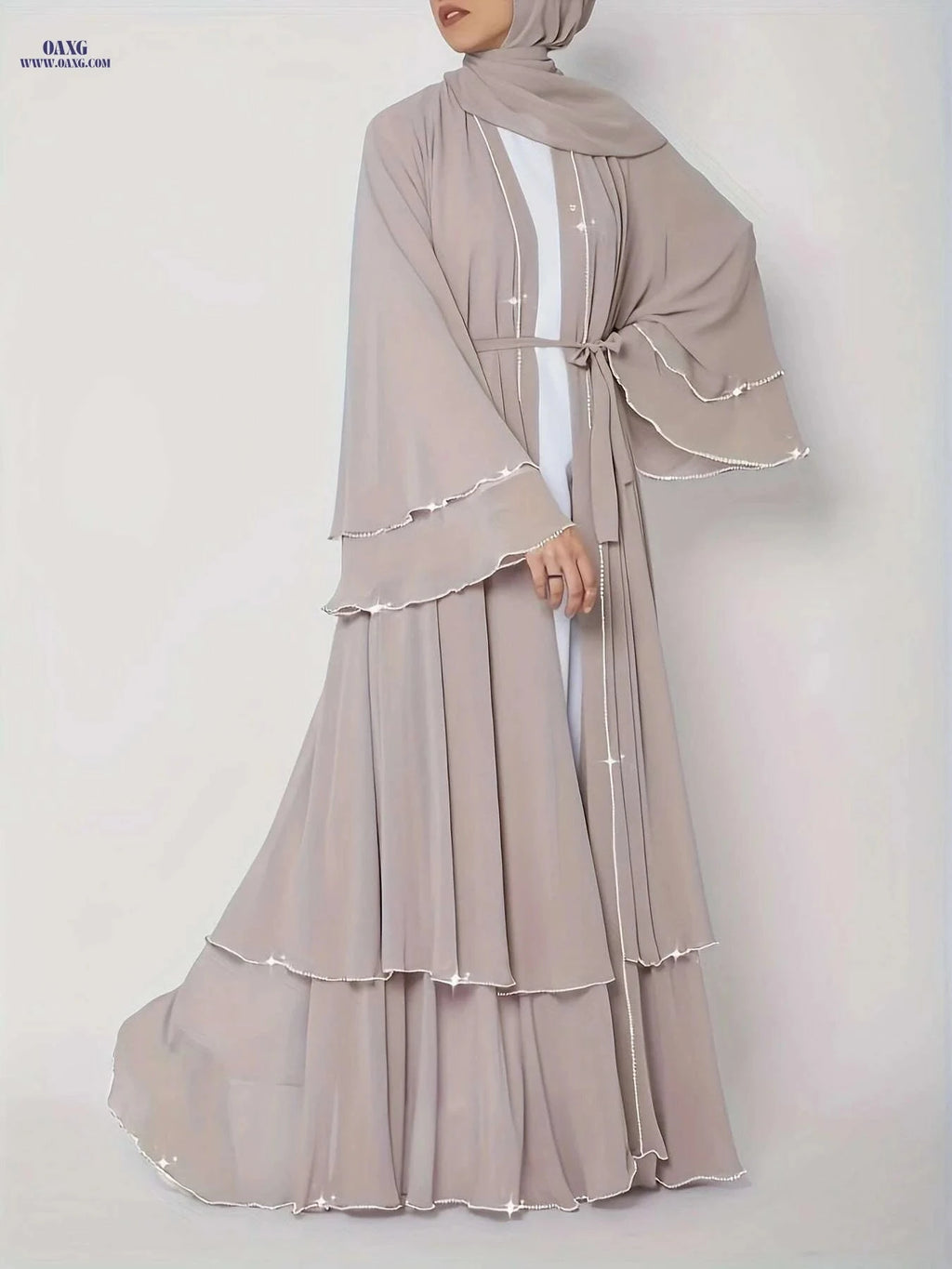 Elegant Middle Eastern Abaya with Rhinestone Trim - Modest Wear   OAXG 