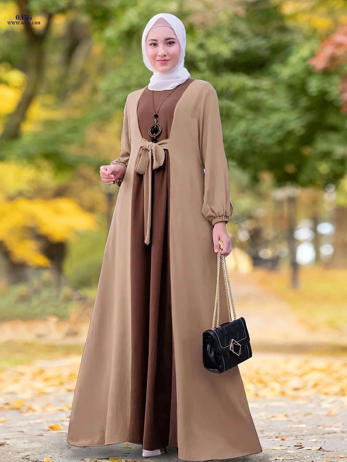 Elegant Middle Eastern Long Dress - Color-Contrast Waistband Abaya   OAXG 