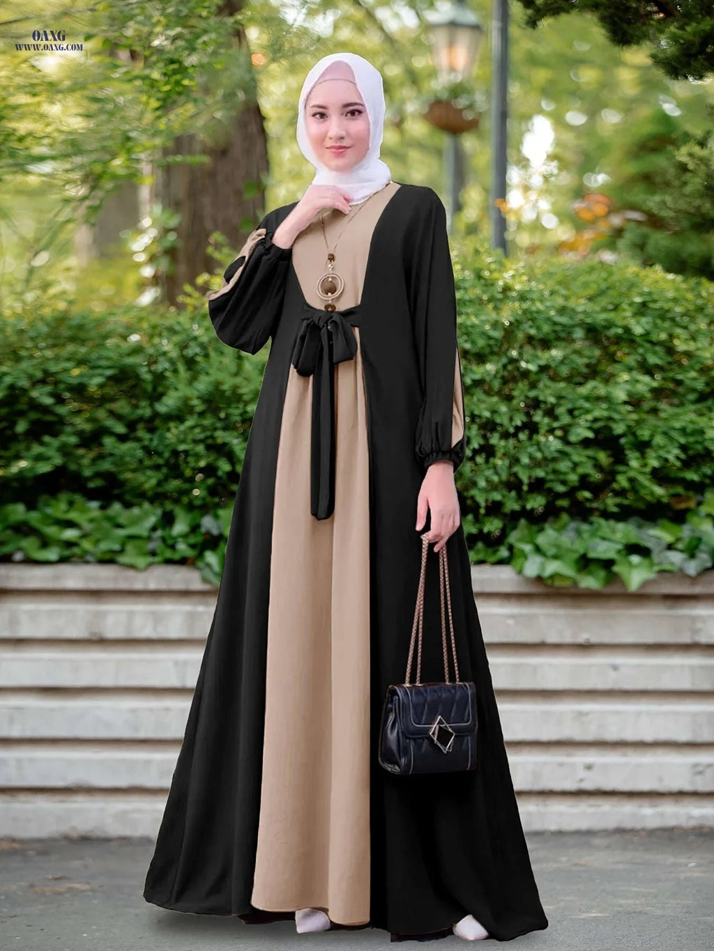 Elegant Middle Eastern Long Dress - Color-Contrast Waistband Abaya   OAXG 