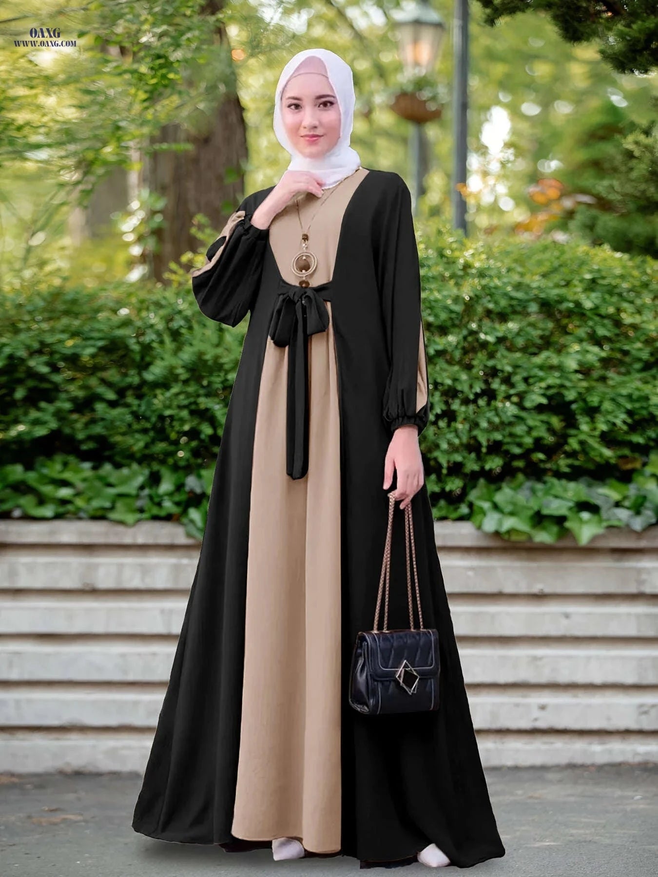 Elegant Middle Eastern Long Dress - Color-Contrast Waistband Abaya   OAXG 