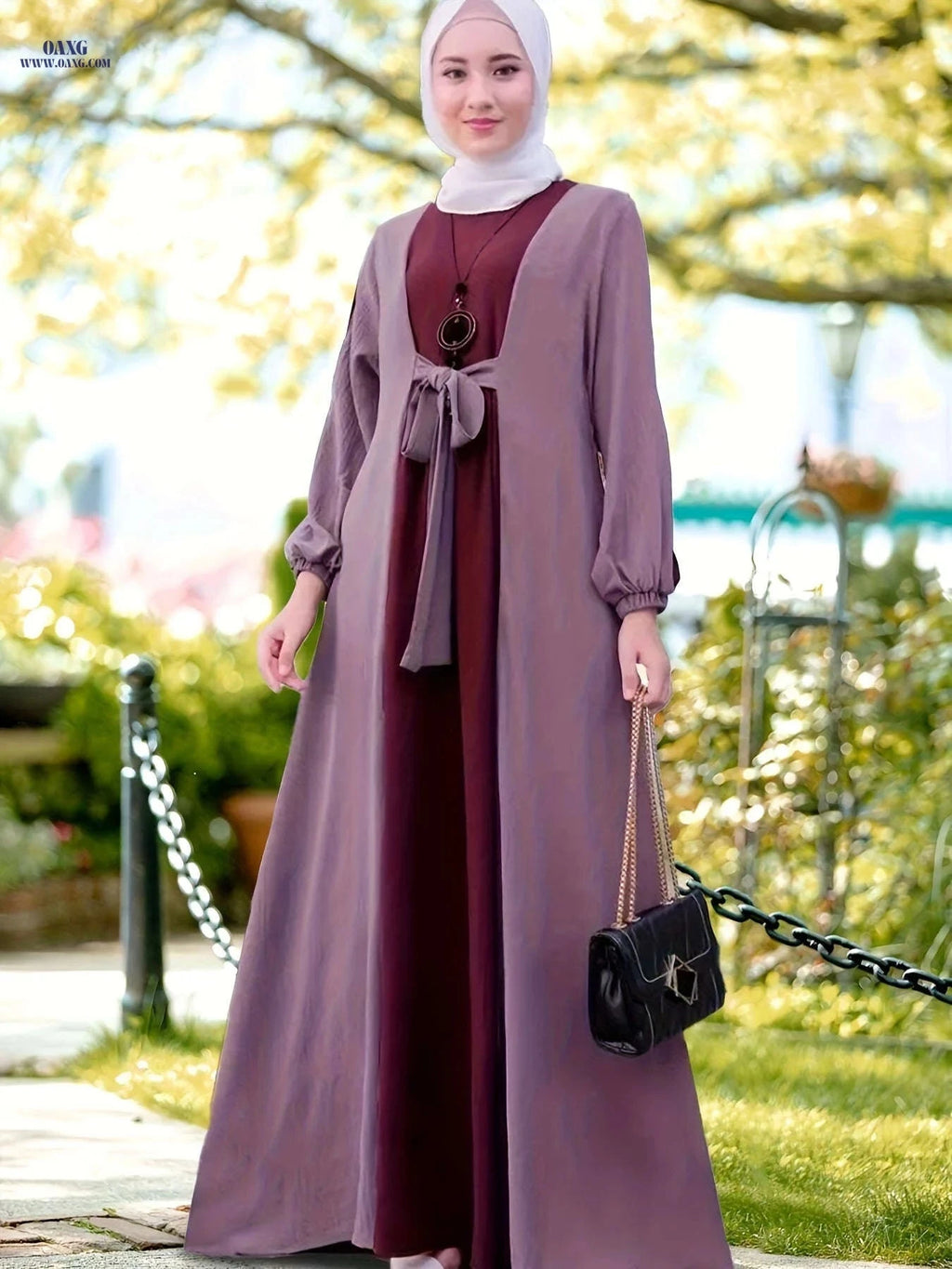 Elegant Middle Eastern Long Dress - Color-Contrast Waistband Abaya   OAXG 