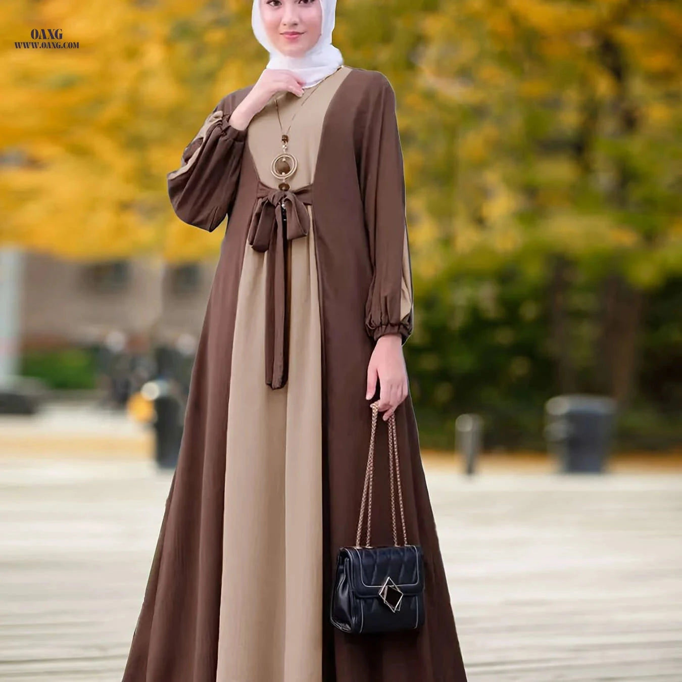 Elegant Middle Eastern Long Dress - Color-Contrast Waistband Abaya   OAXG 