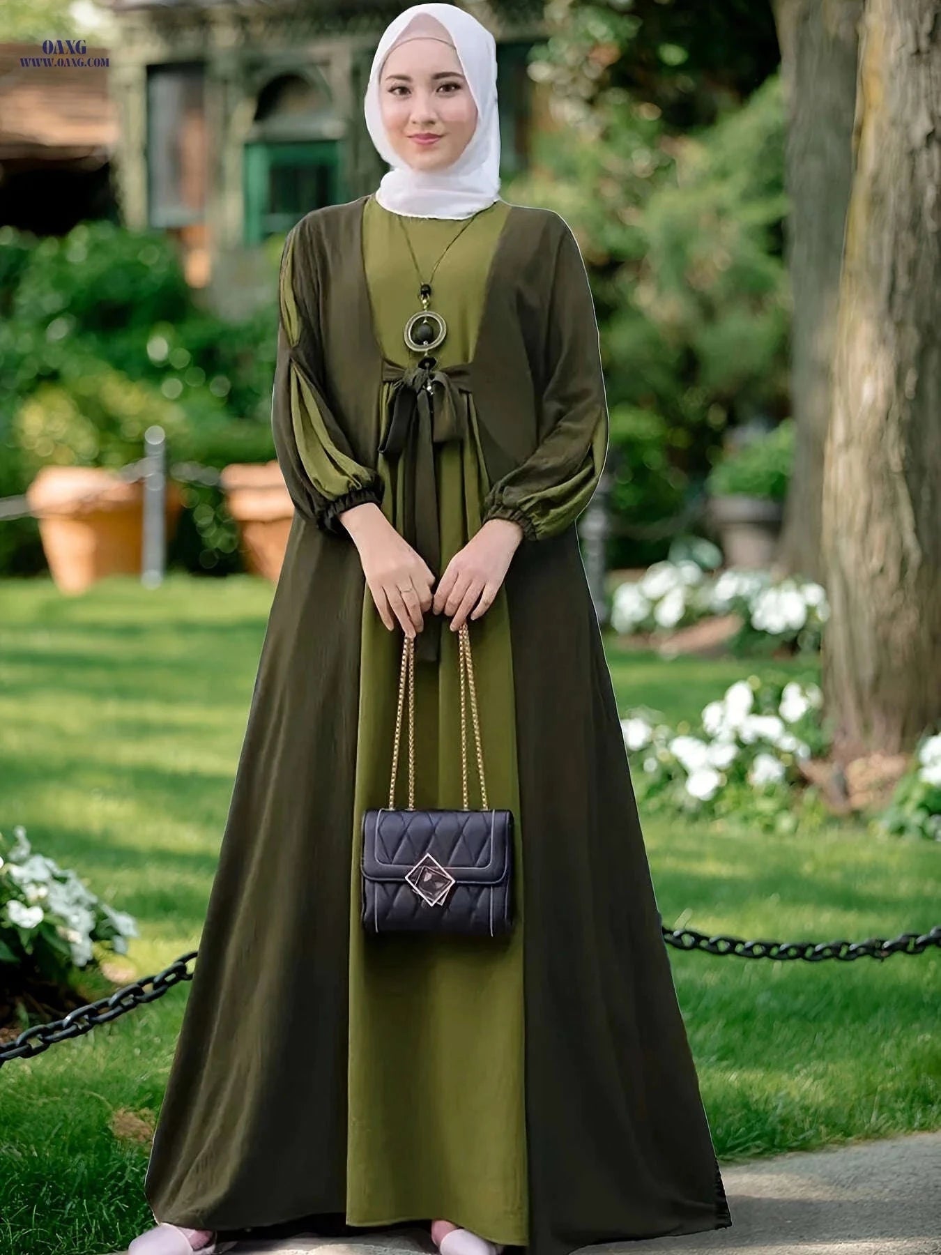 Elegant Middle Eastern Long Dress - Color-Contrast Waistband Abaya   OAXG 