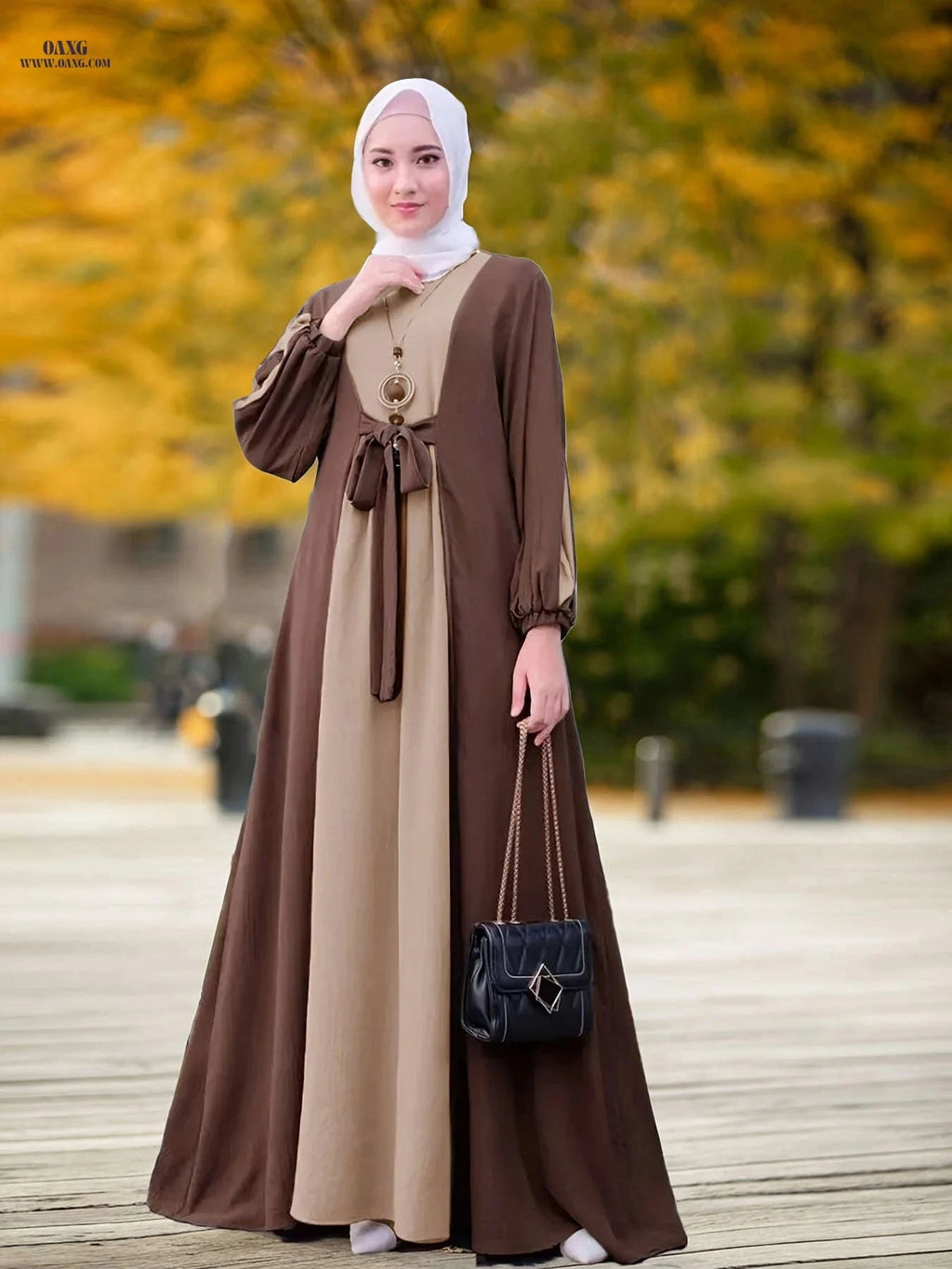 Elegant Middle Eastern Long Dress - Color-Contrast Waistband Abaya   OAXG 