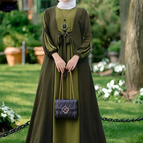 Elegant Middle Eastern Long Dress - Color-Contrast Waistband Abaya   OAXG crimson / S