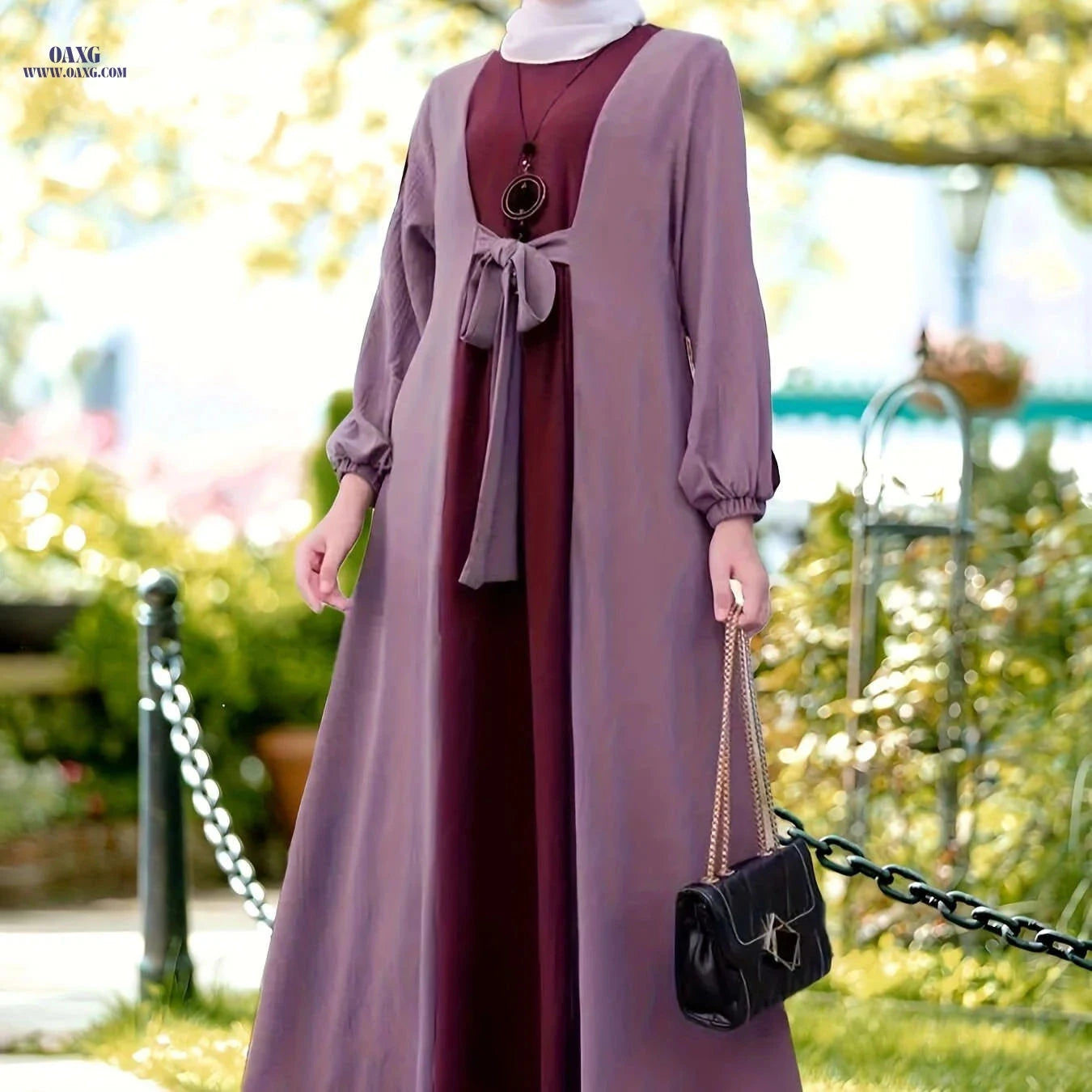 Elegant Middle Eastern Long Dress - Color-Contrast Waistband Abaya   OAXG crimson / S