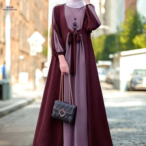Elegant Middle Eastern Long Dress - Color-Contrast Waistband Abaya   OAXG 