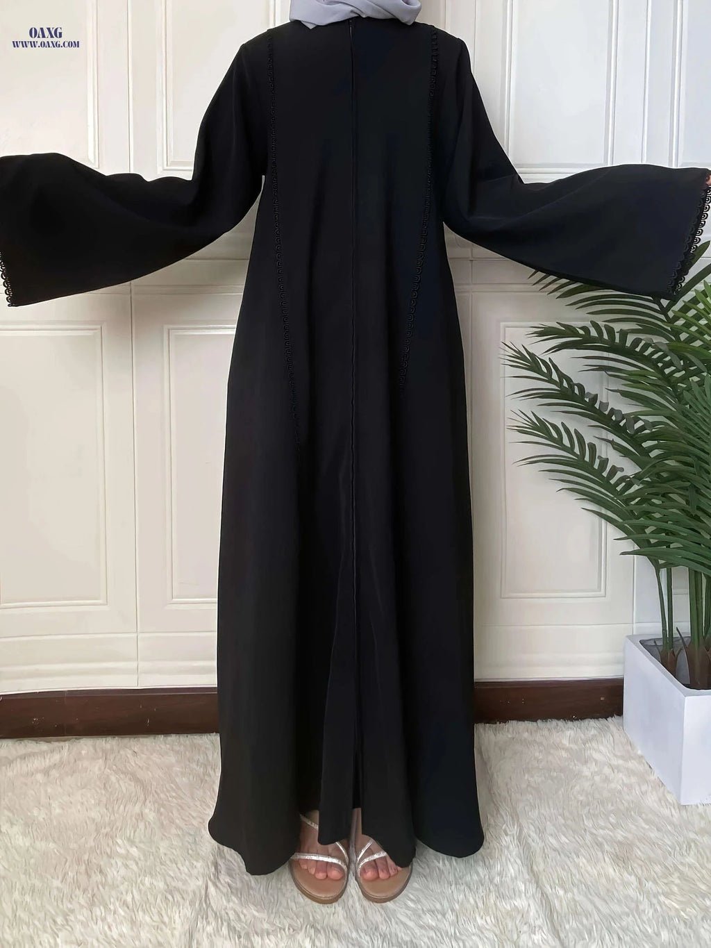 Elegant Middle Eastern Women's Solid Color Turkish Lace Robe 6153-A   OAXG Navy Blue / S