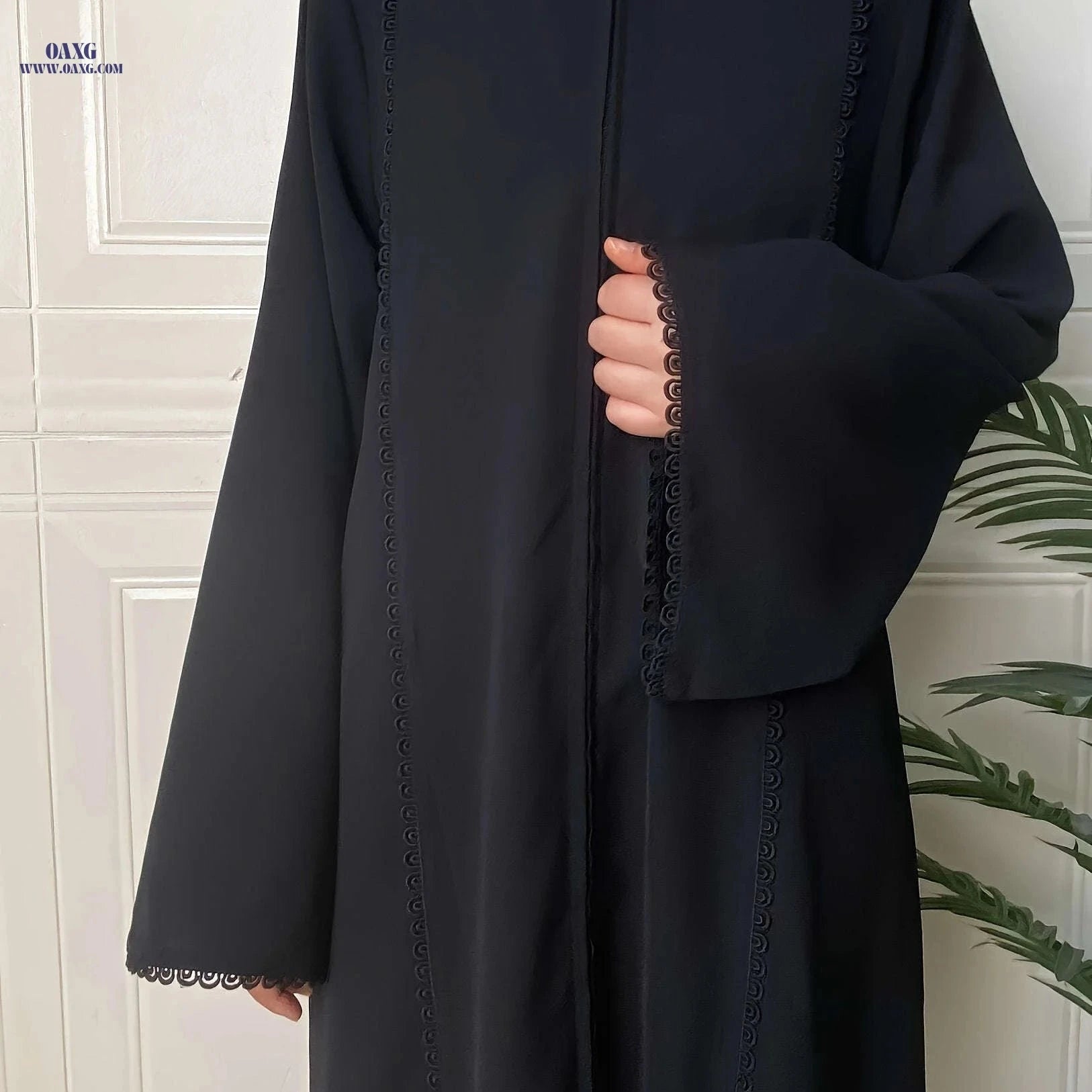 Elegant Middle Eastern Women's Solid Color Turkish Lace Robe 6153-A   OAXG Navy Blue / S