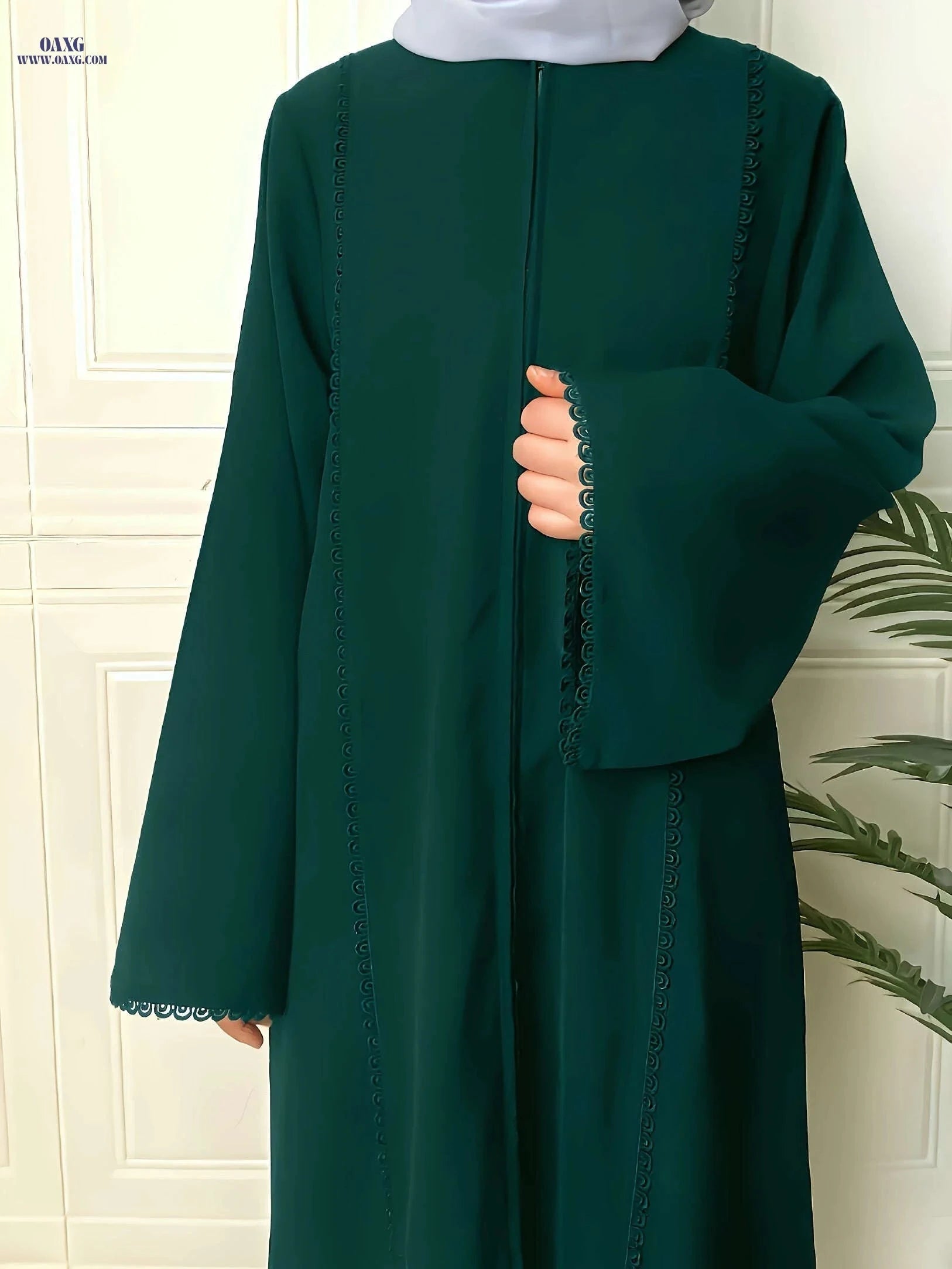 Elegant Middle Eastern Women's Solid Color Turkish Lace Robe 6153-A   OAXG Navy Blue / S