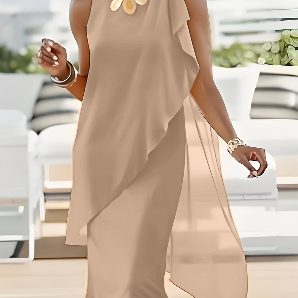 Elegant Midi Chiffon Dress - Sleeveless Irregular Solid Color Design   OAXG 
