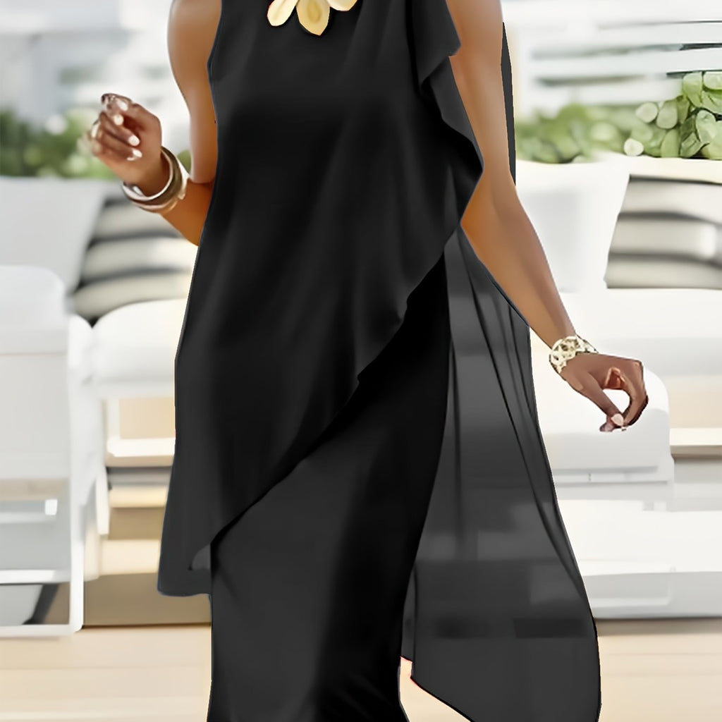 Elegant Midi Chiffon Dress - Sleeveless Irregular Solid Color Design   OAXG 