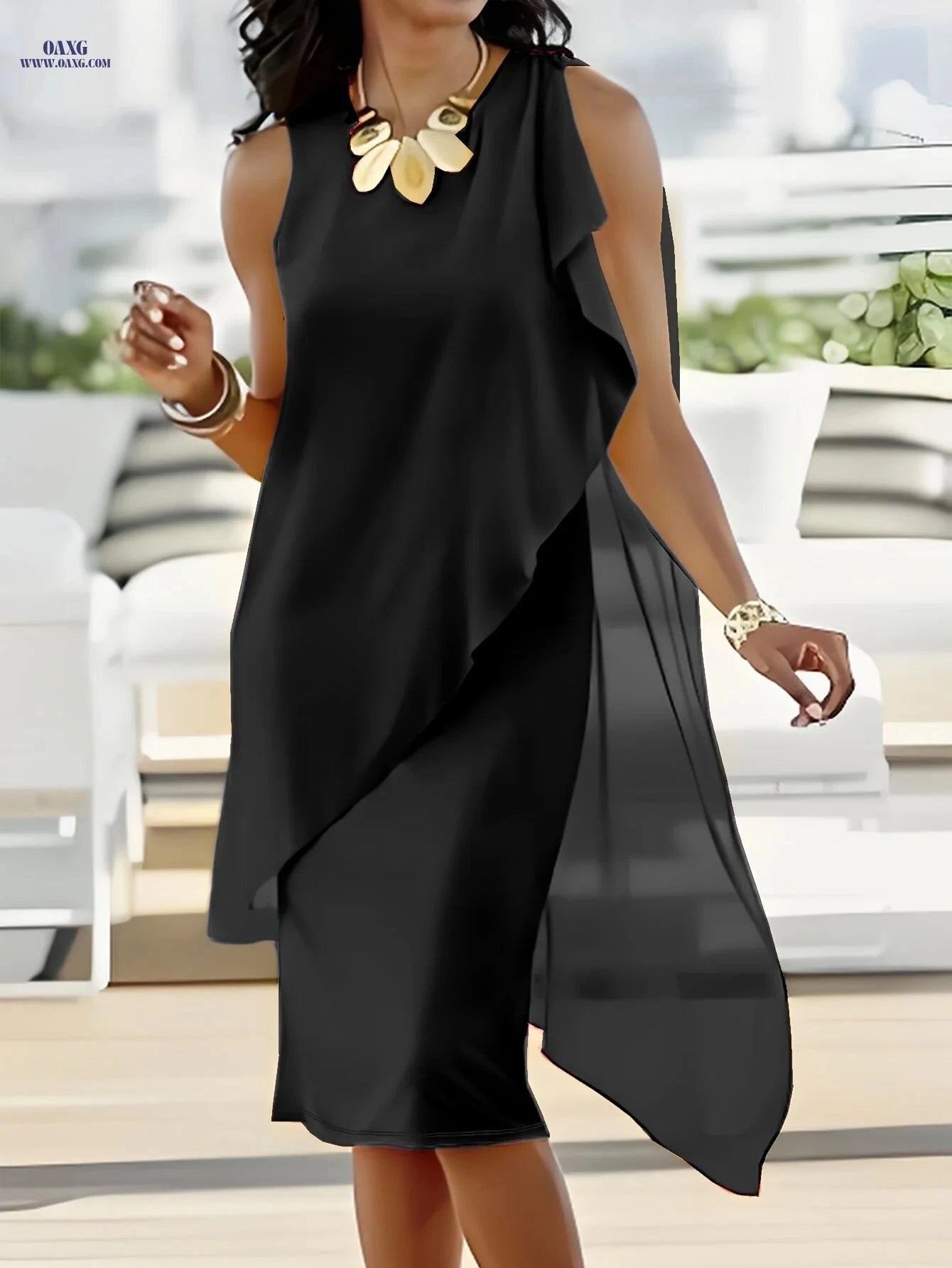 Elegant Midi Chiffon Dress - Sleeveless Irregular Solid Color Design   OAXG 