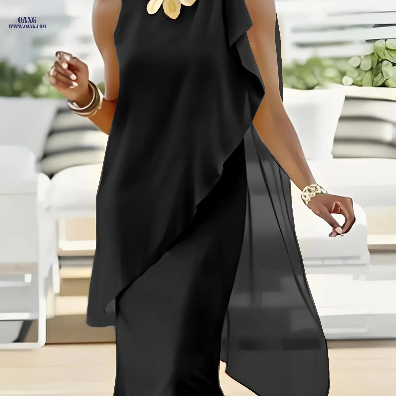 Elegant Midi Chiffon Dress - Sleeveless Irregular Solid Color Design   OAXG 