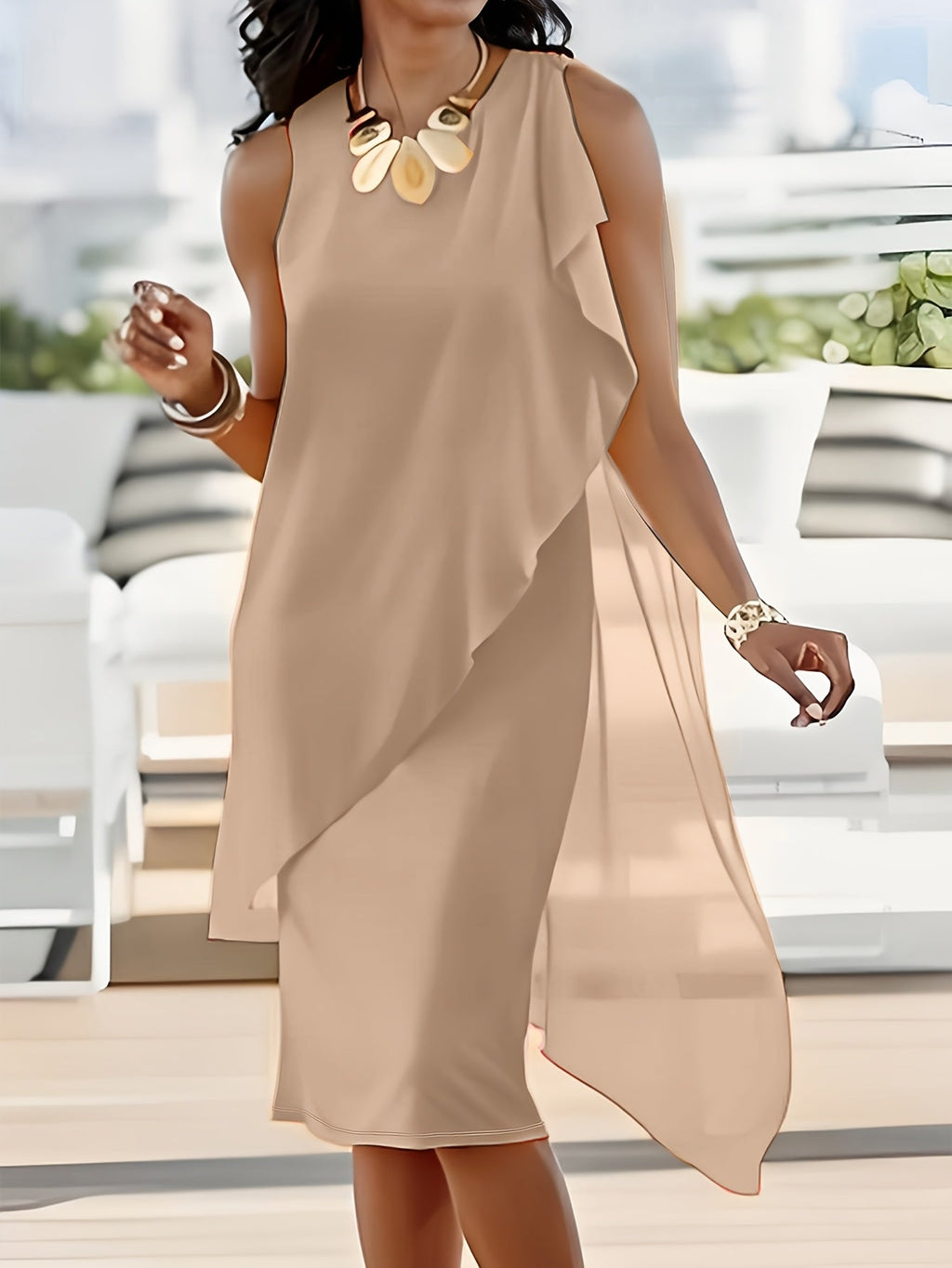 Elegant Midi Chiffon Dress - Sleeveless Irregular Solid Color Design   OAXG 