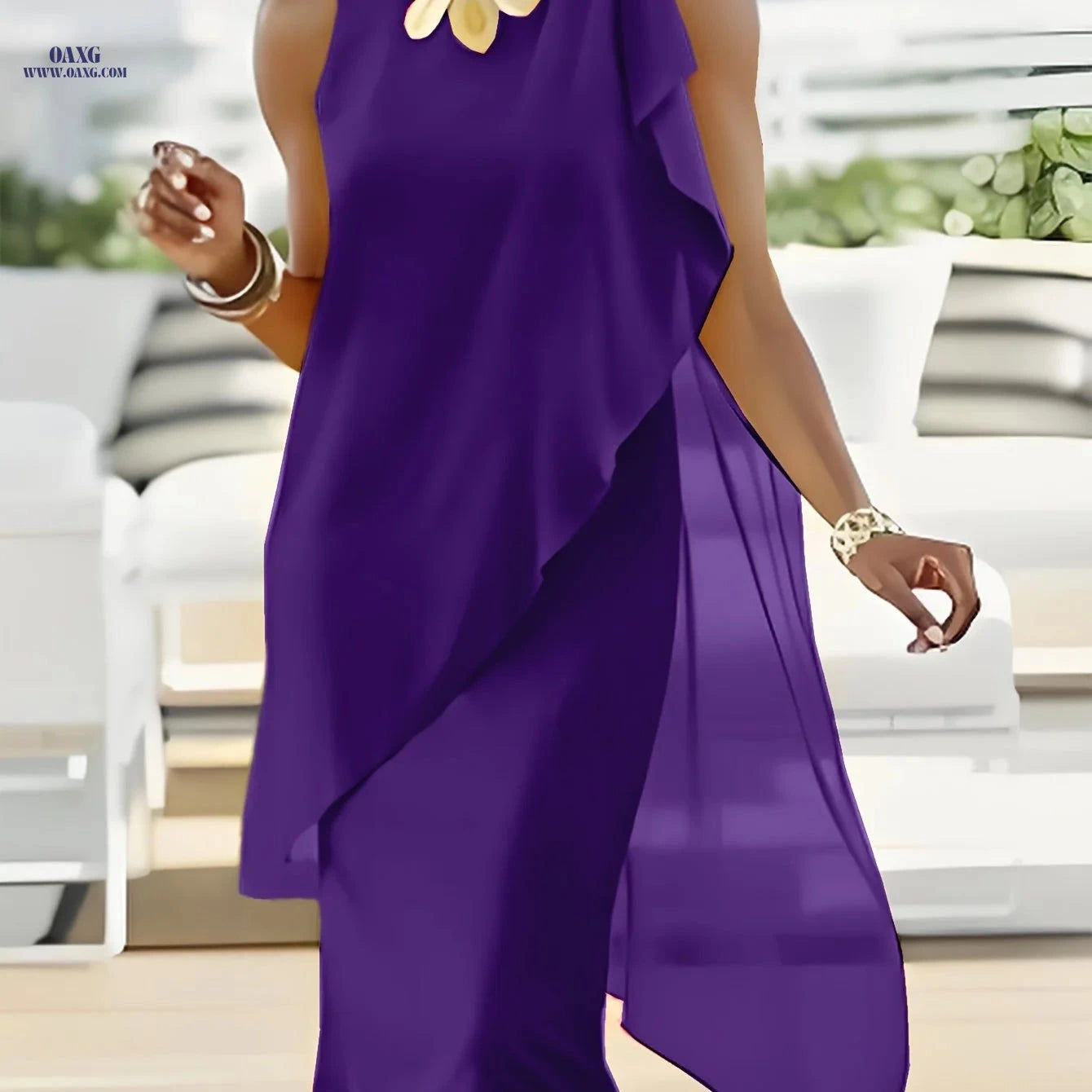 Elegant Midi Chiffon Dress - Sleeveless Irregular Solid Color Design   OAXG 
