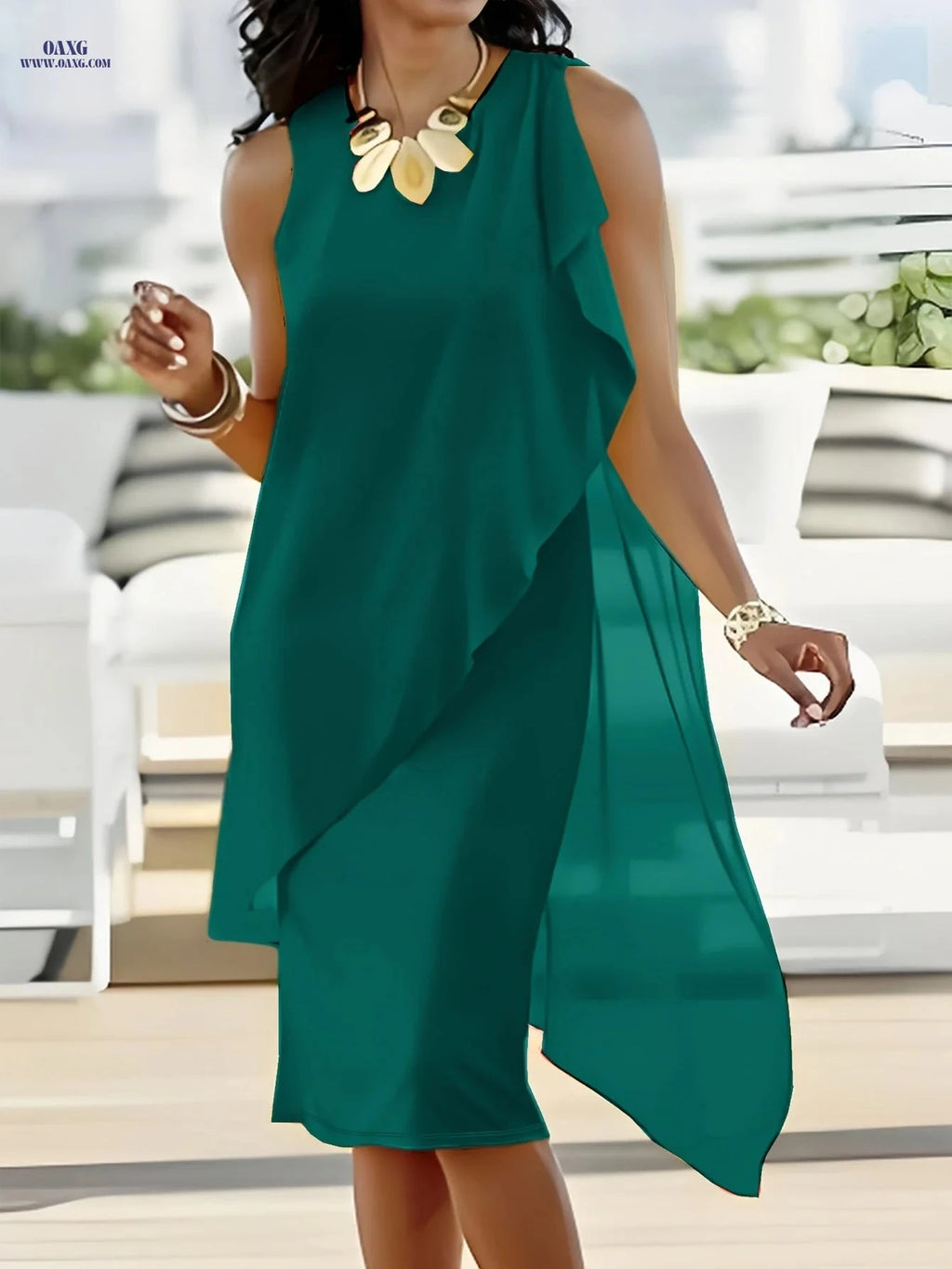 Elegant Midi Chiffon Dress - Sleeveless Irregular Solid Color Design   OAXG 