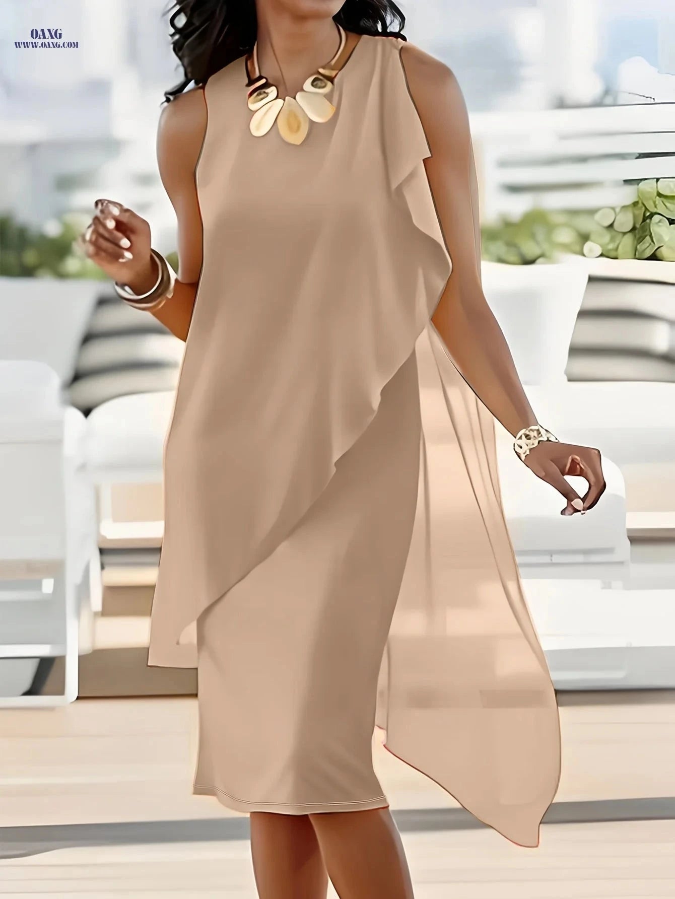 Elegant Midi Chiffon Dress - Sleeveless Irregular Solid Color Design   OAXG 