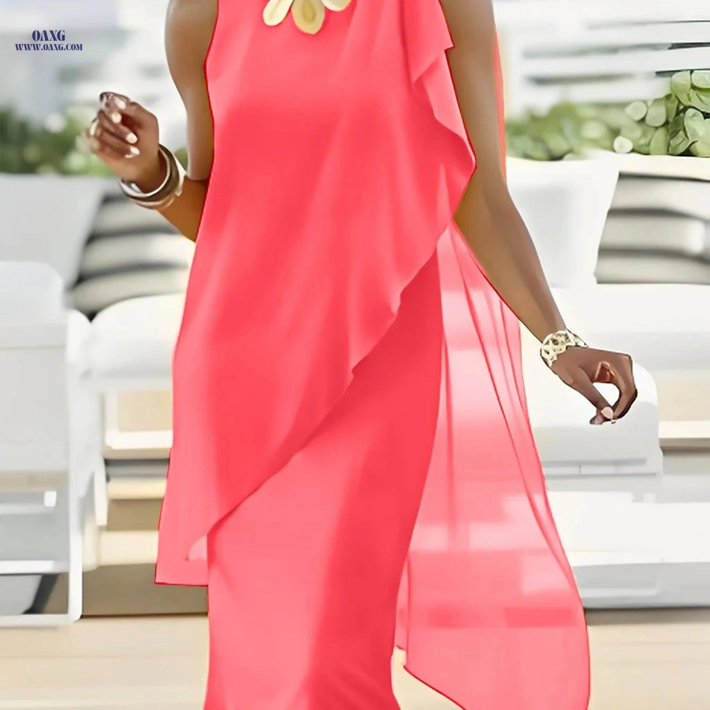 Elegant Midi Chiffon Dress - Sleeveless Irregular Solid Color Design   OAXG Watermelon Red / S