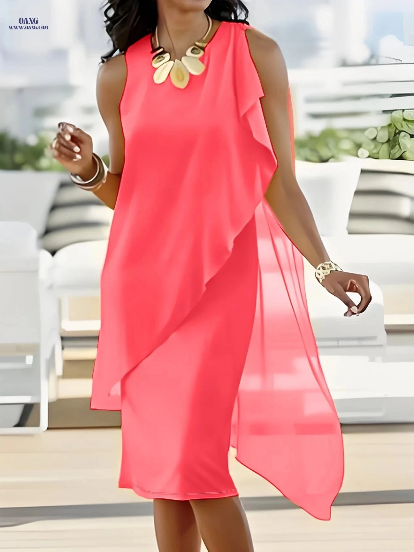 Elegant Midi Chiffon Dress - Sleeveless Irregular Solid Color Design   OAXG Watermelon Red / S
