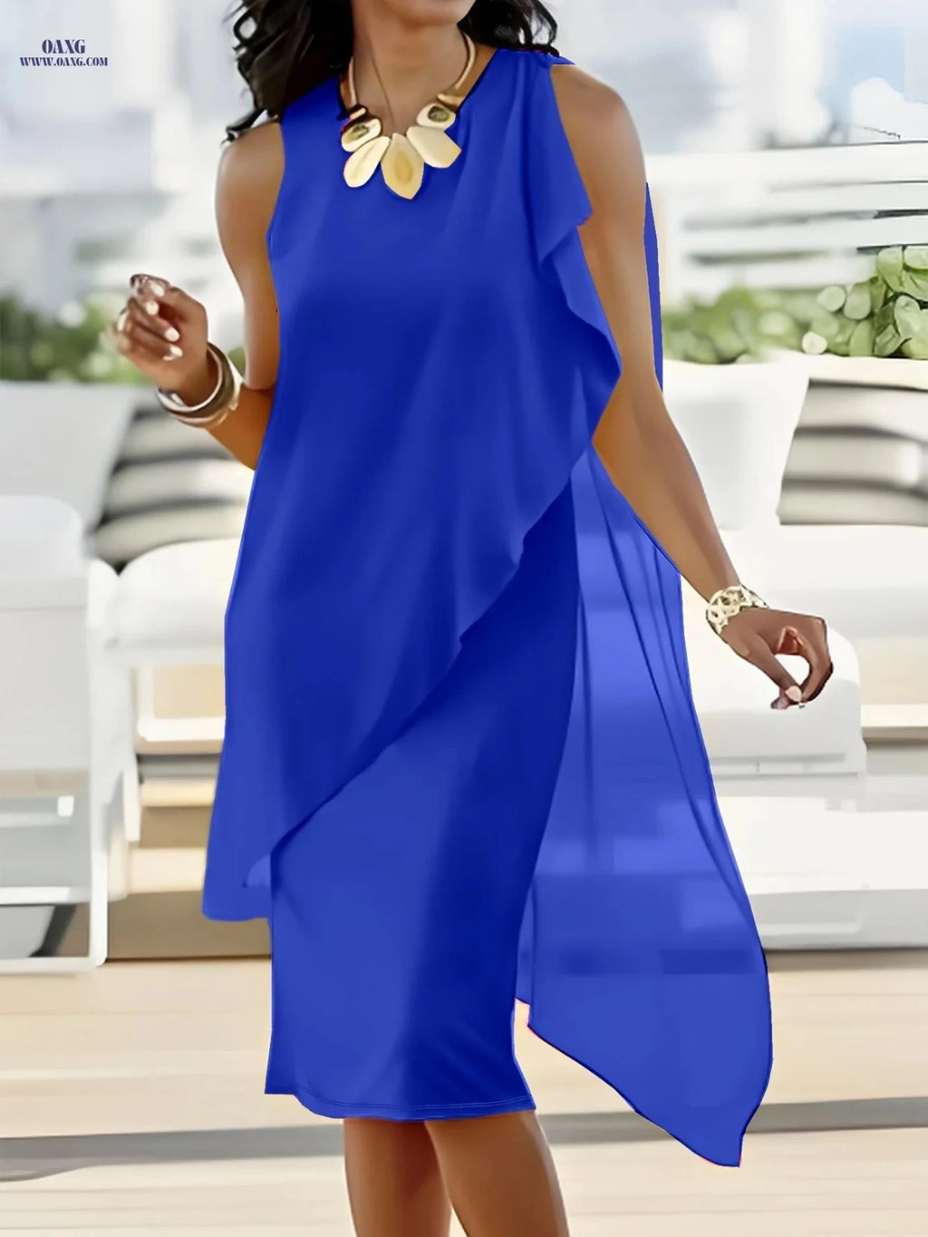 Elegant Midi Chiffon Dress - Sleeveless Irregular Solid Color Design   OAXG 