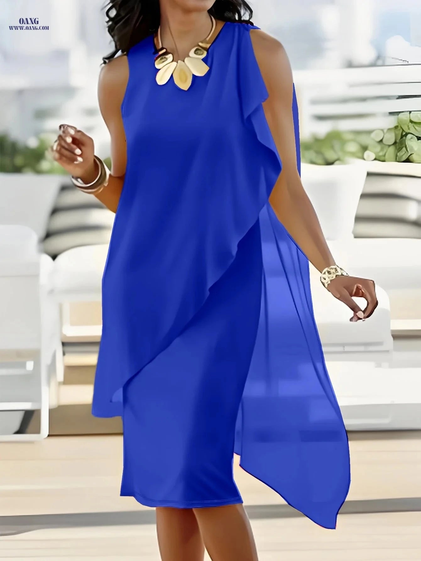 Elegant Midi Chiffon Dress - Sleeveless Irregular Solid Color Design   OAXG 