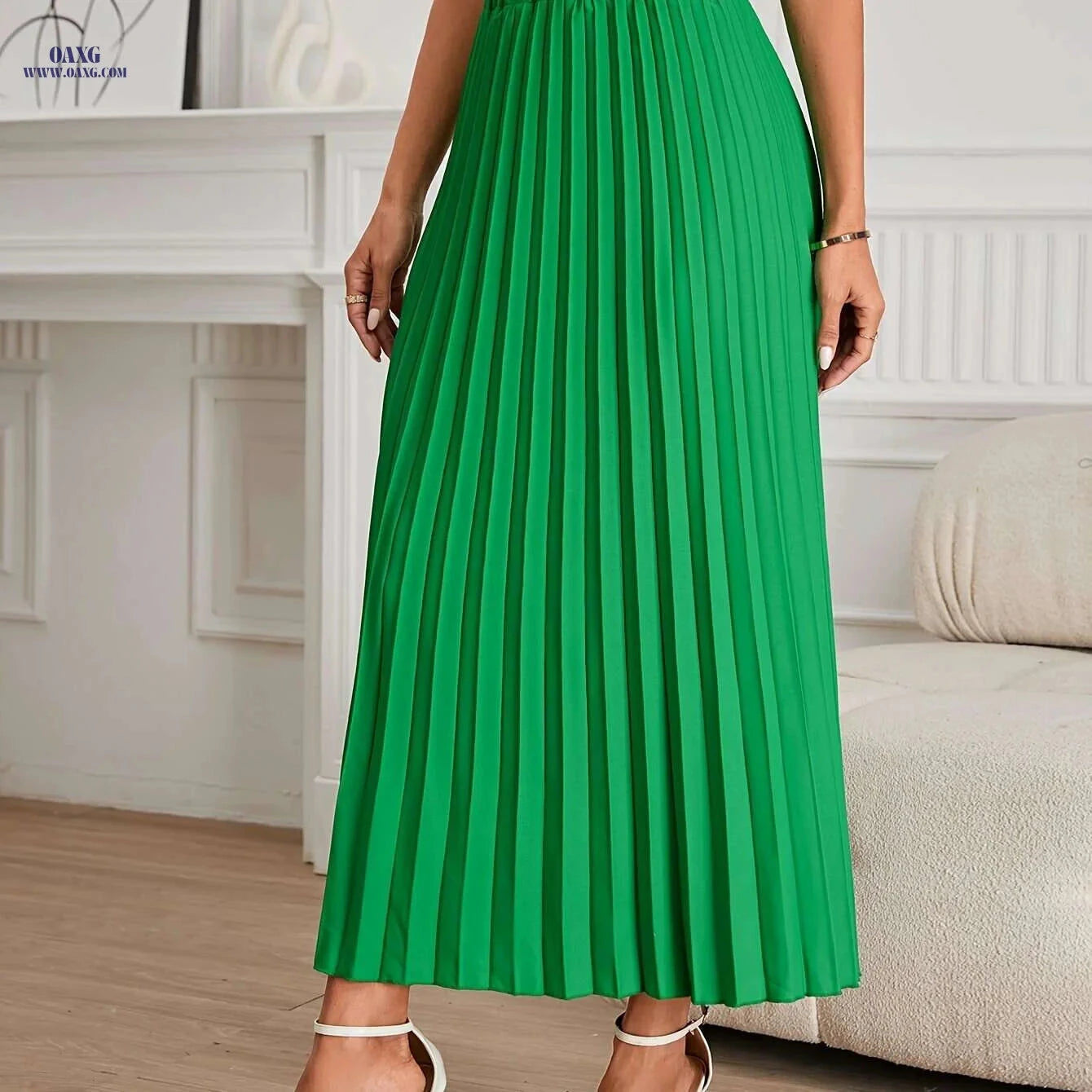 Elegant Midi Pleated Women's Skirt - 100% Polyester, Spring/Summer   OAXG 