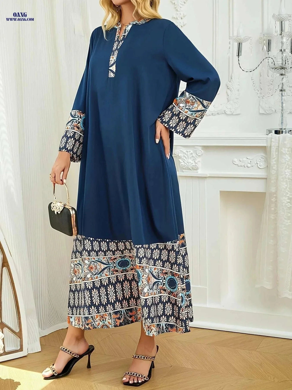 Elegant Muslim Abaya Dress - Floral Print, Asymmetrical Hem & Lace Trim   OAXG 