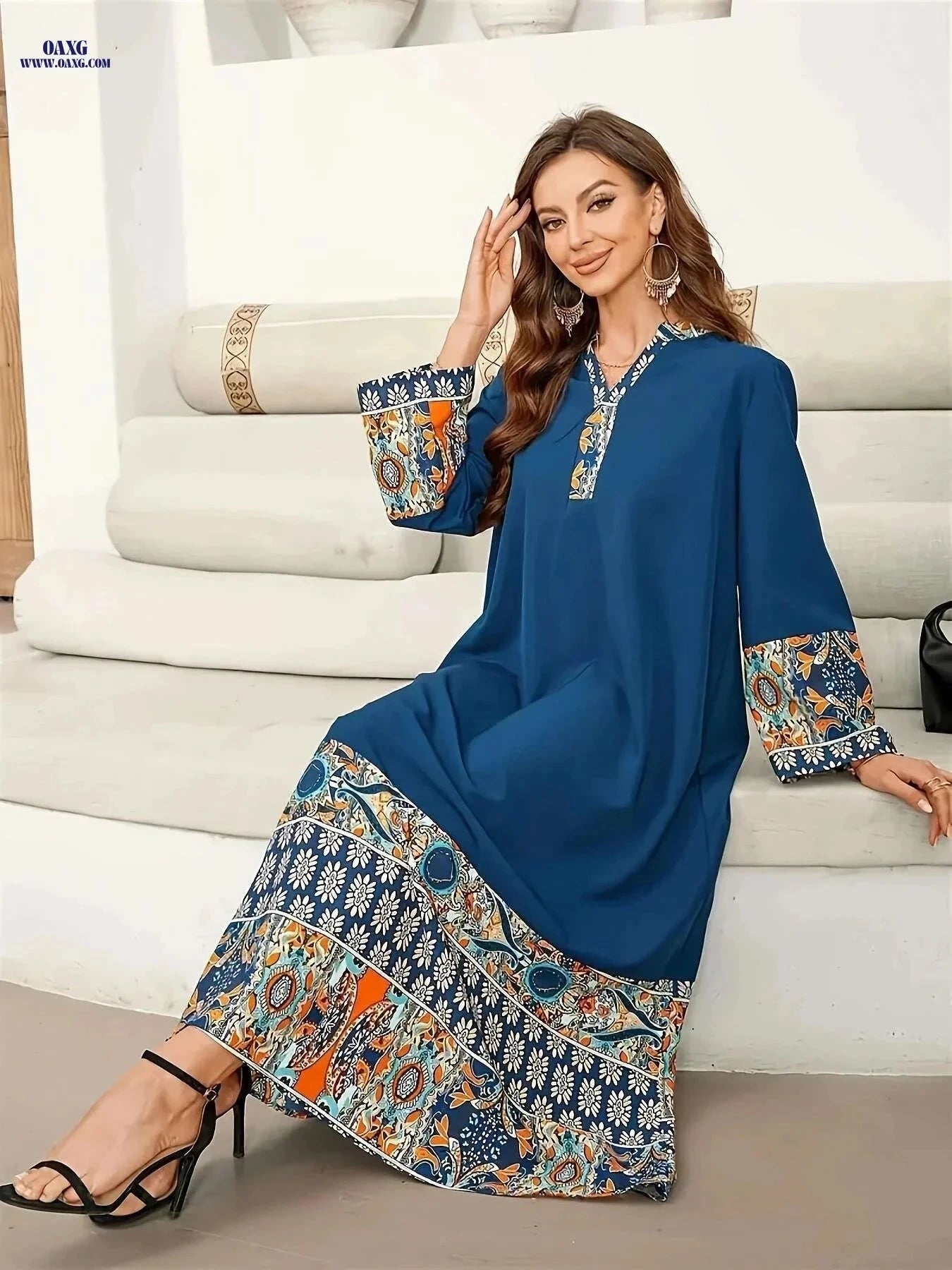 Elegant Muslim Abaya Dress - Floral Print, Asymmetrical Hem & Lace Trim   OAXG 