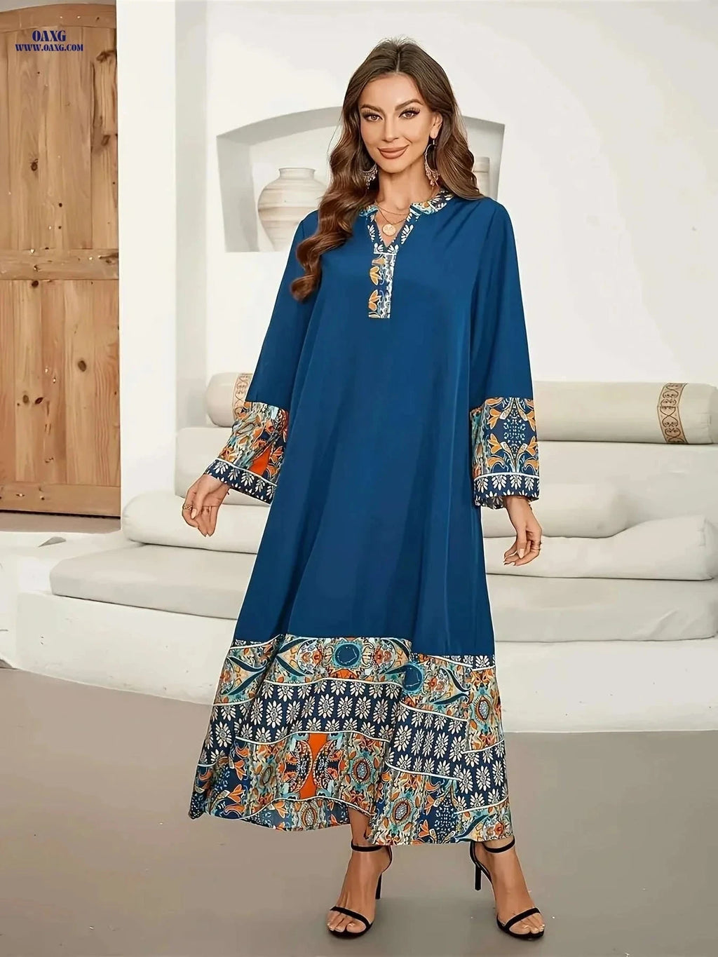 Elegant Muslim Abaya Dress - Floral Print, Asymmetrical Hem & Lace Trim   OAXG Mixed Color / S