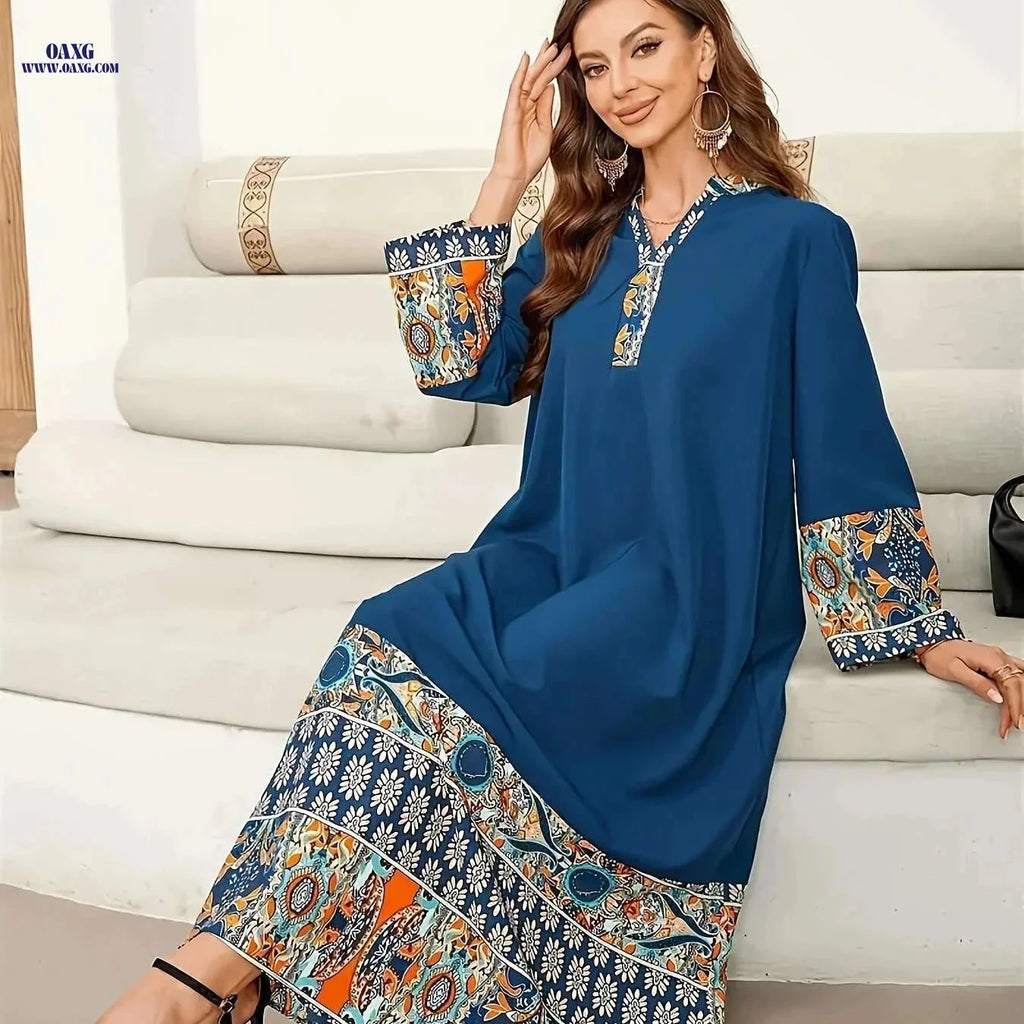 Elegant Muslim Abaya Dress - Floral Print, Asymmetrical Hem & Lace Trim   OAXG Mixed Color / S