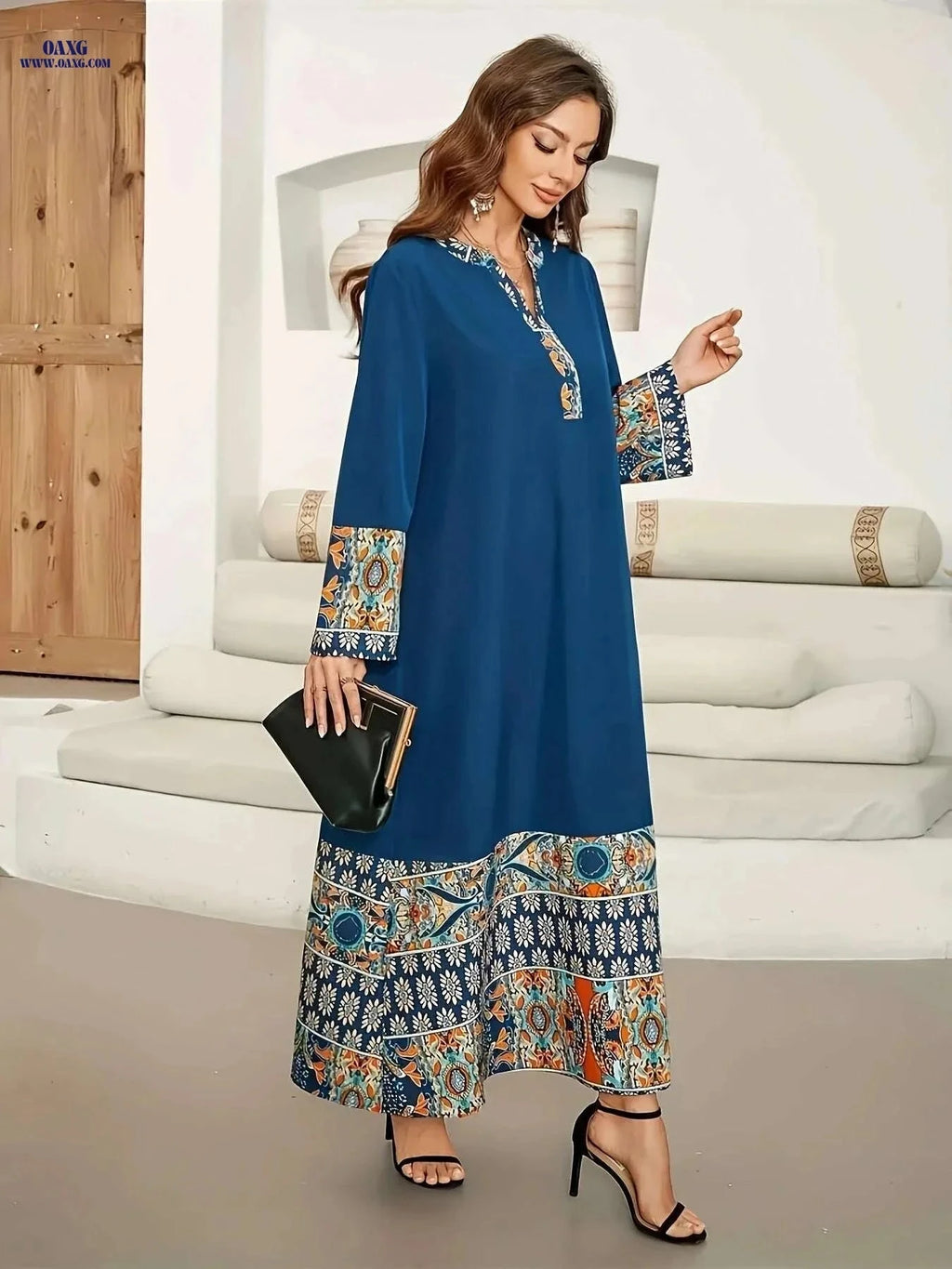 Elegant Muslim Abaya Dress - Floral Print, Asymmetrical Hem & Lace Trim   OAXG 