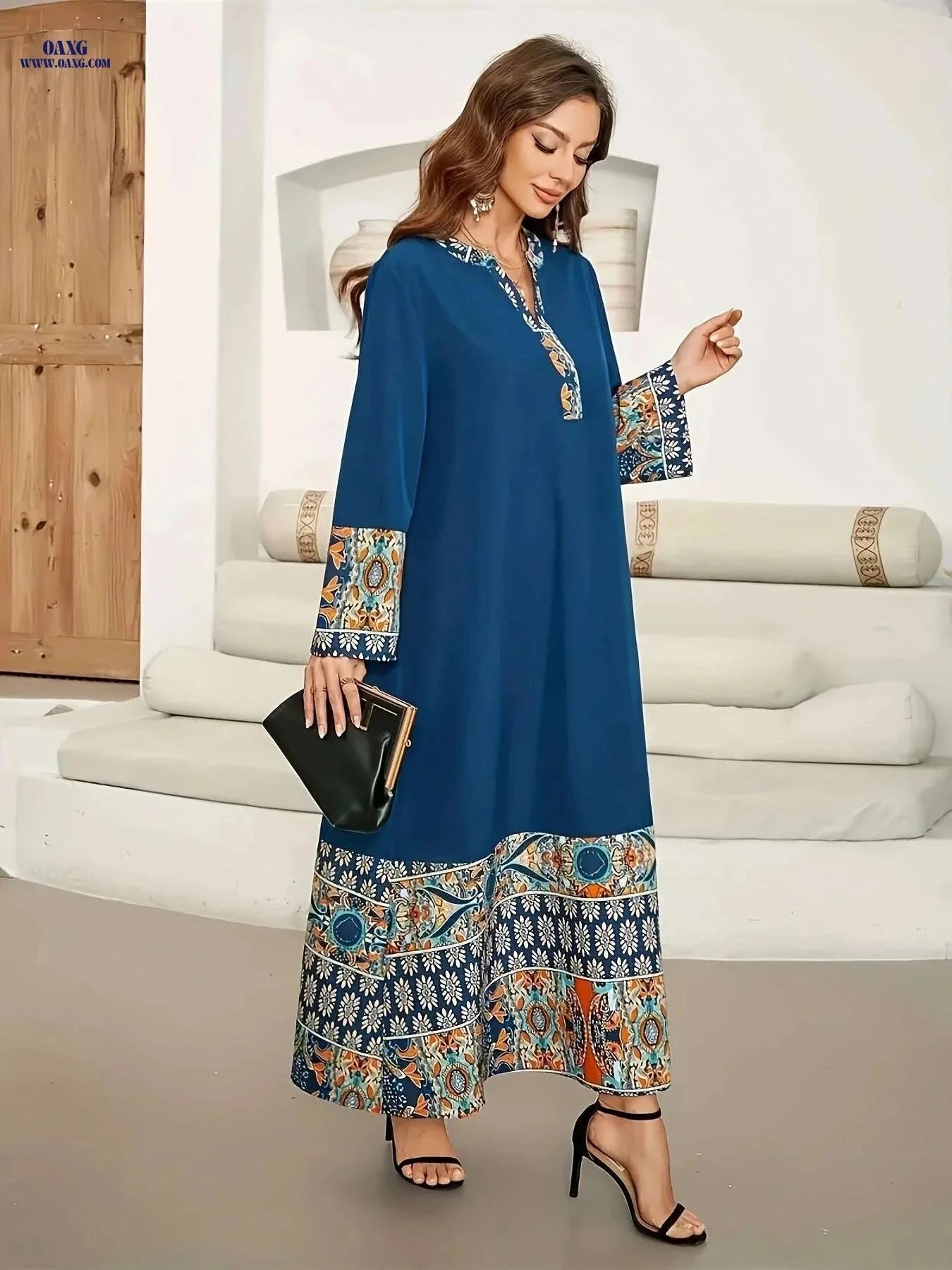 Elegant Muslim Abaya Dress - Floral Print, Asymmetrical Hem & Lace Trim   OAXG 