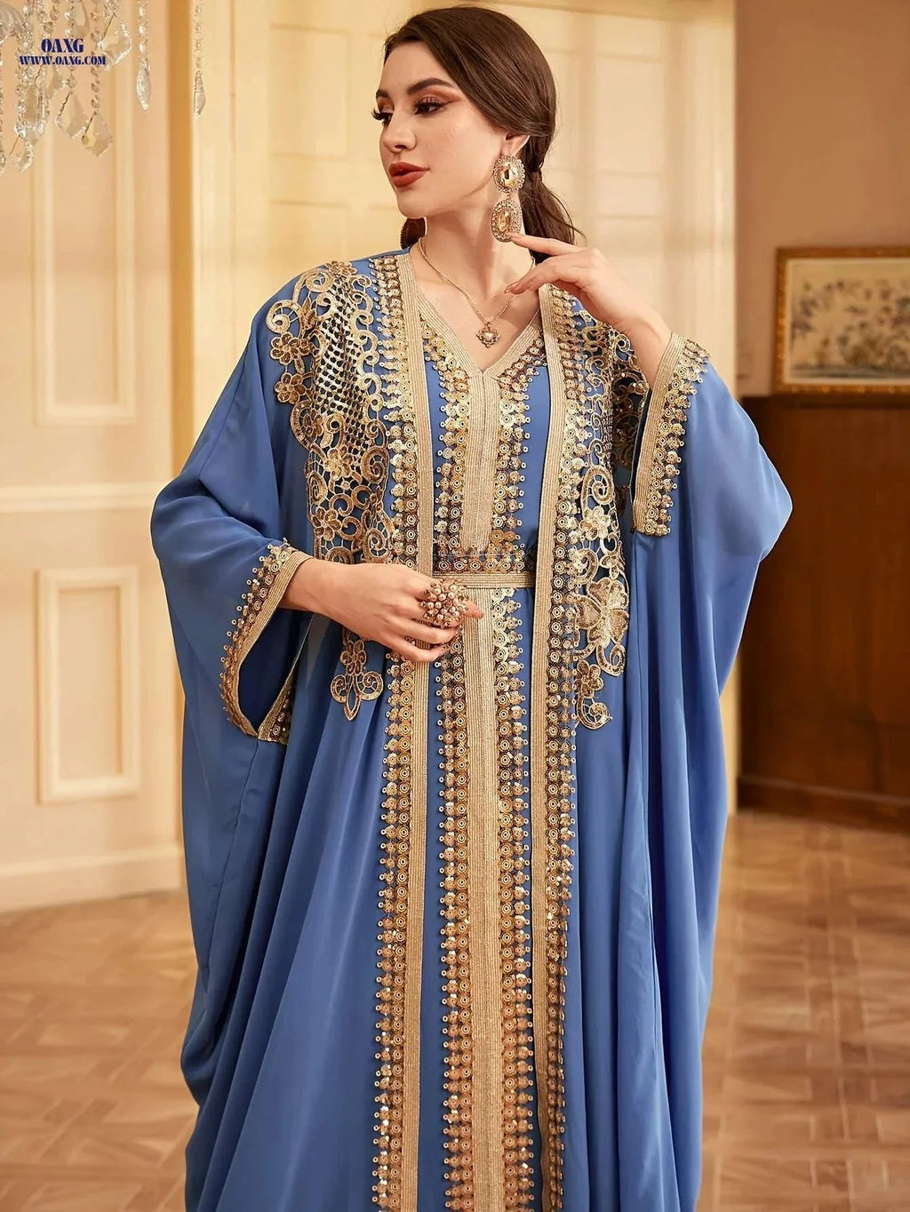 Elegant Muslim Lace Two-Piece Set with Sequin Batwing Jacket   OAXG 