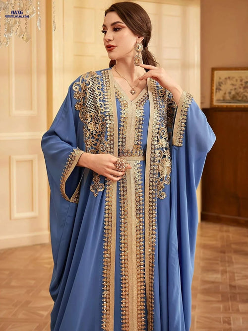 Elegant Muslim Lace Two-Piece Set with Sequin Batwing Jacket   OAXG 