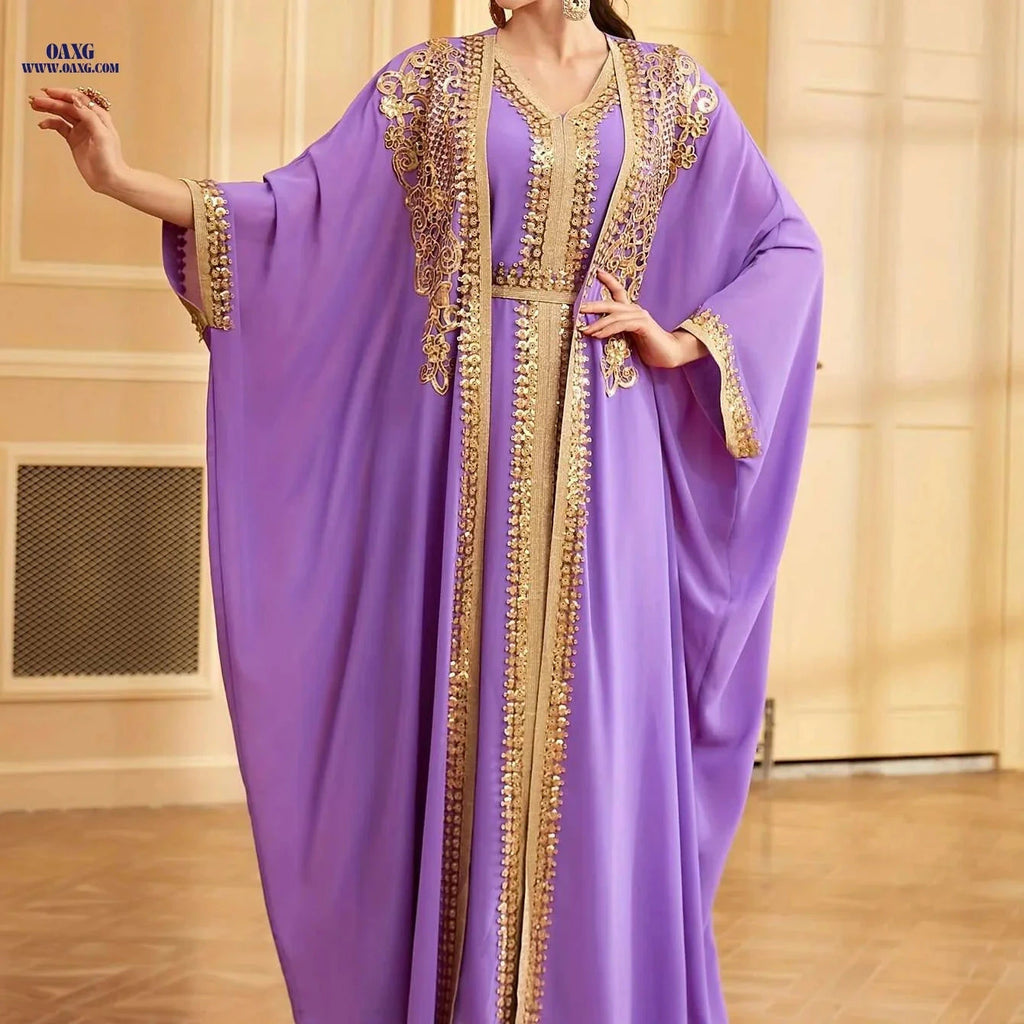 Elegant Muslim Lace Two-Piece Set with Sequin Batwing Jacket   OAXG 
