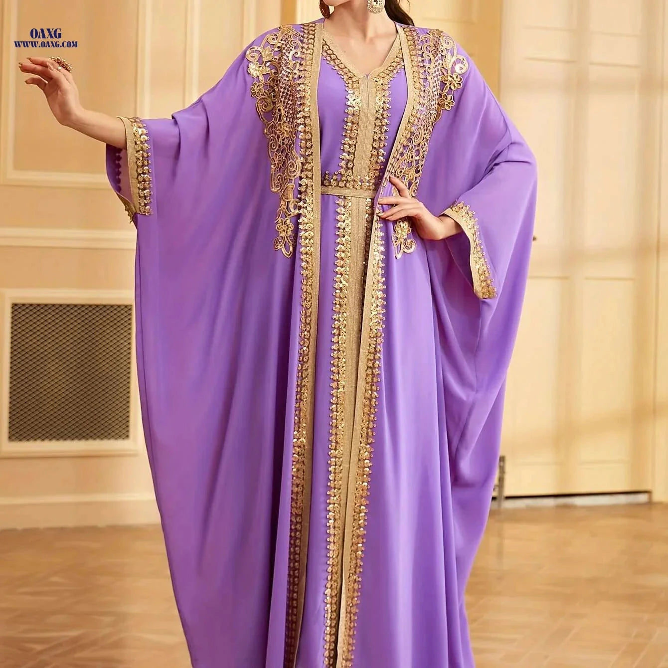 Elegant Muslim Lace Two-Piece Set with Sequin Batwing Jacket   OAXG 