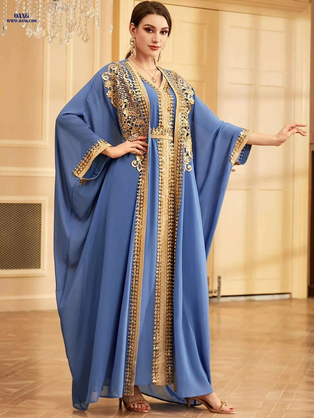 Elegant Muslim Lace Two-Piece Set with Sequin Batwing Jacket   OAXG Dark Violet / S