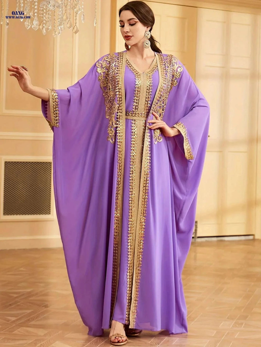 Elegant Muslim Lace Two-Piece Set with Sequin Batwing Jacket   OAXG Dark Violet / S