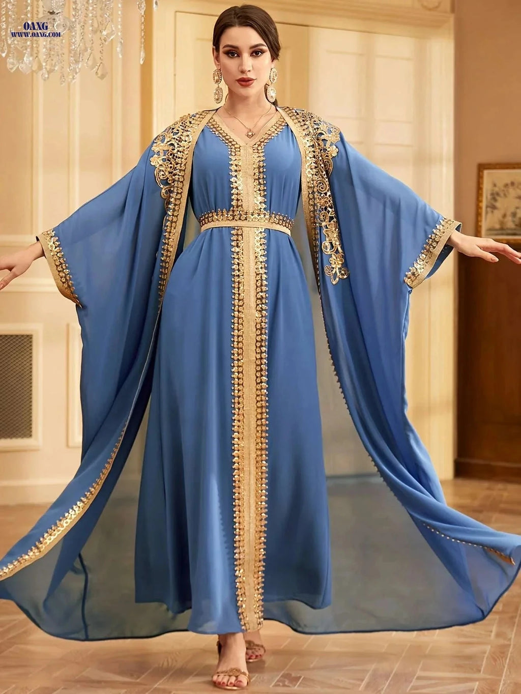 Elegant Muslim Lace Two-Piece Set with Sequin Batwing Jacket   OAXG 