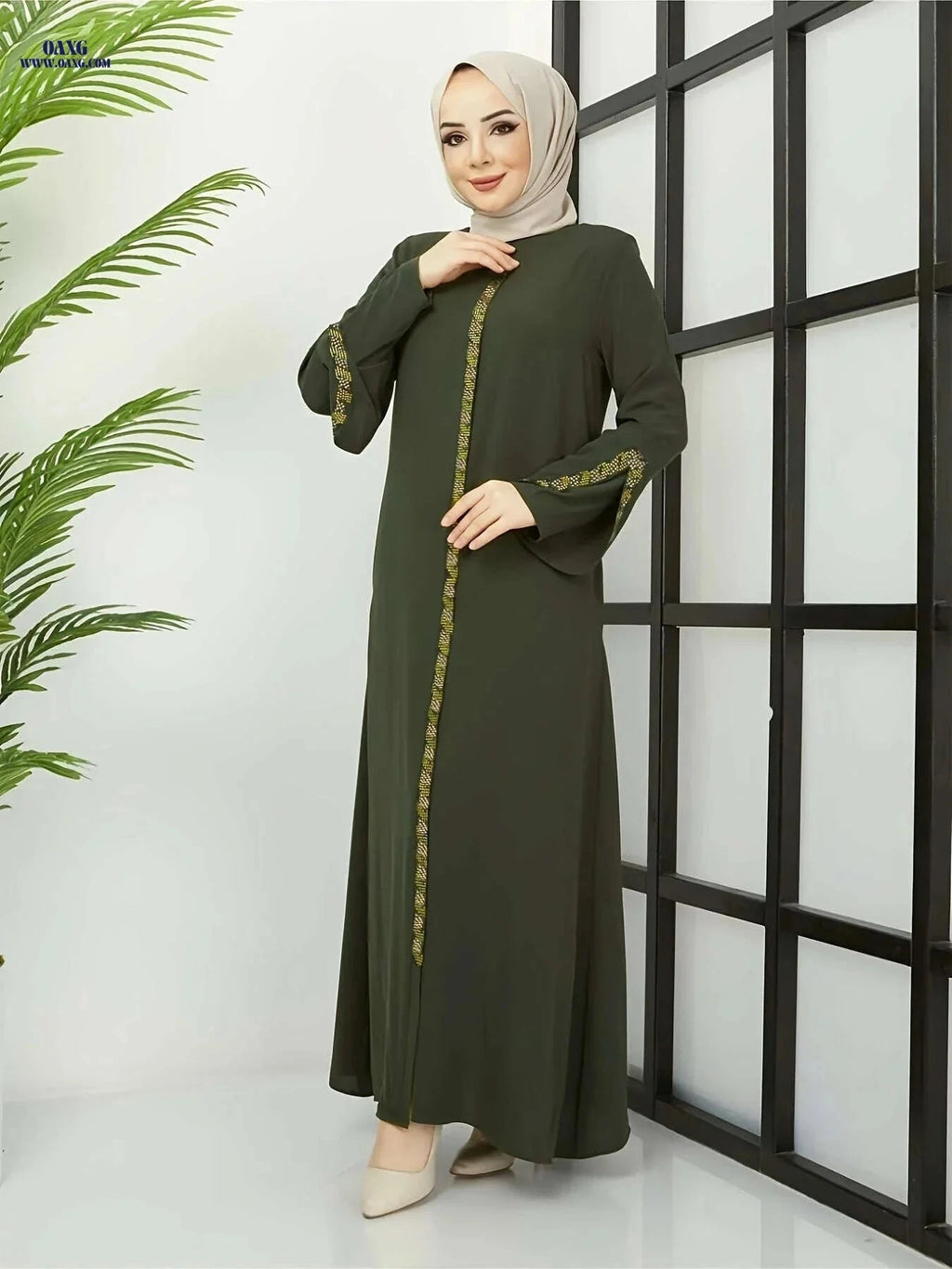 Elegant Muslim Rhinestone Zipper Robe 8360 - Long Length Style   OAXG 