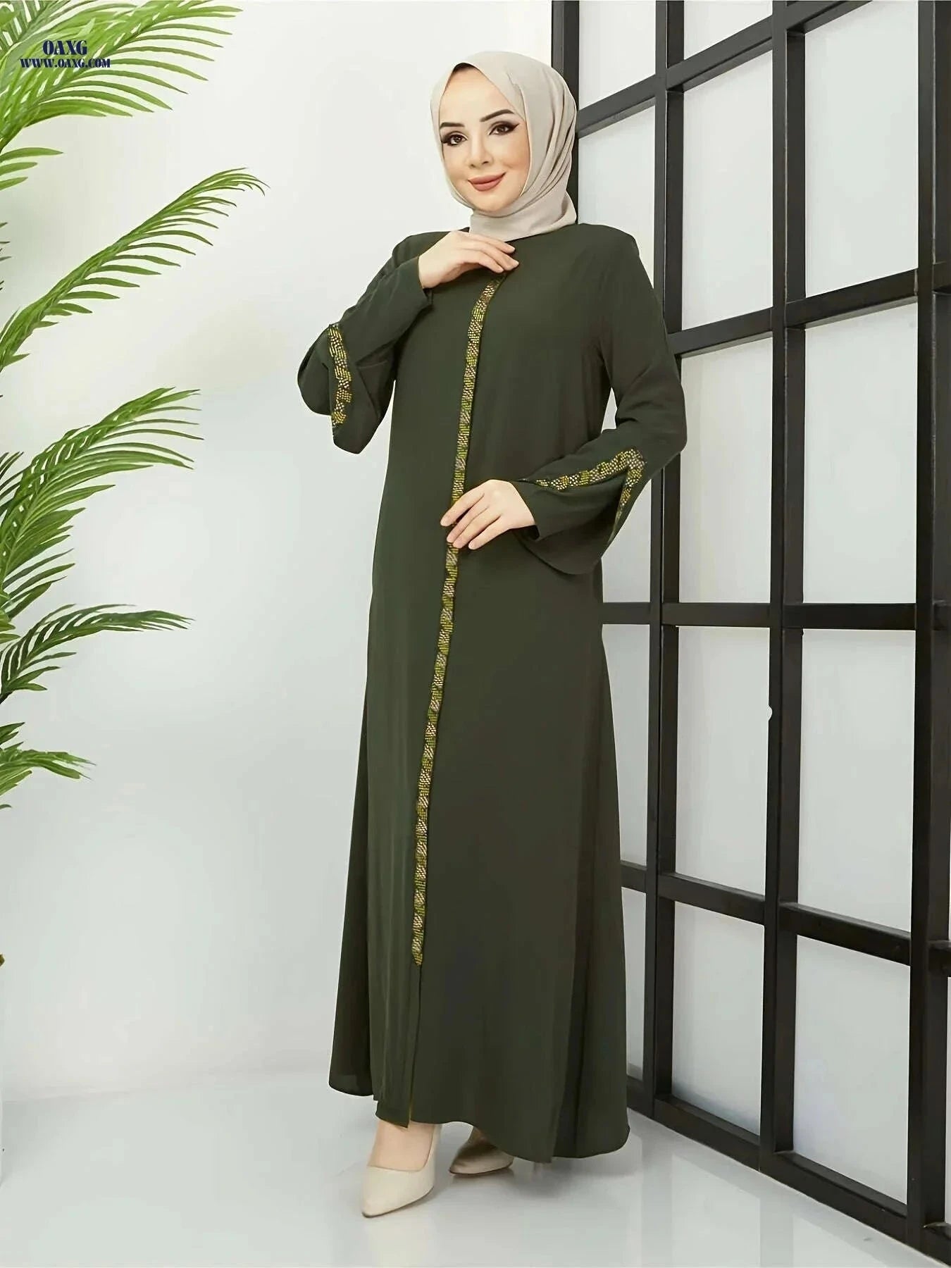 Elegant Muslim Rhinestone Zipper Robe 8360 - Long Length Style   OAXG 
