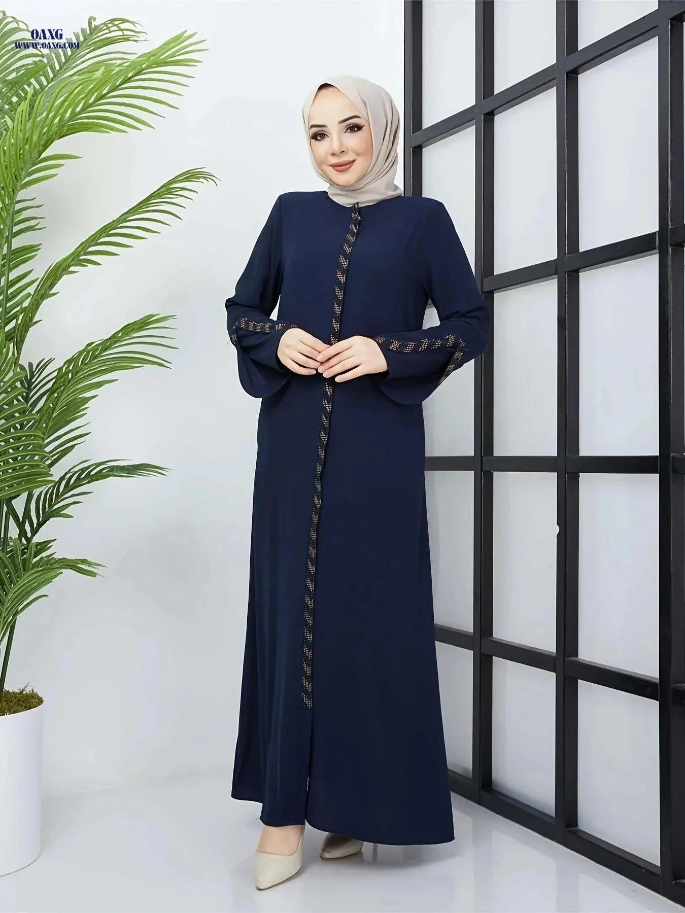 Elegant Muslim Rhinestone Zipper Robe 8360 - Long Length Style   OAXG 