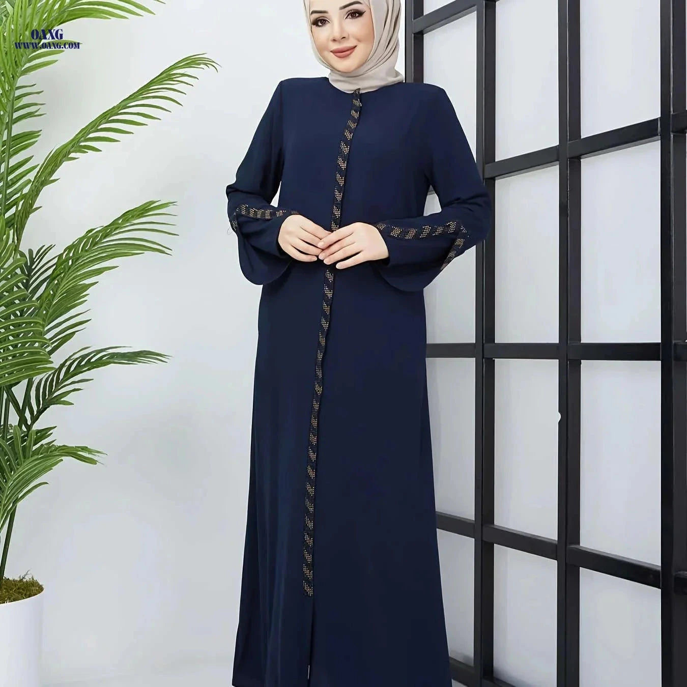 Elegant Muslim Rhinestone Zipper Robe 8360 - Long Length Style   OAXG Black / S