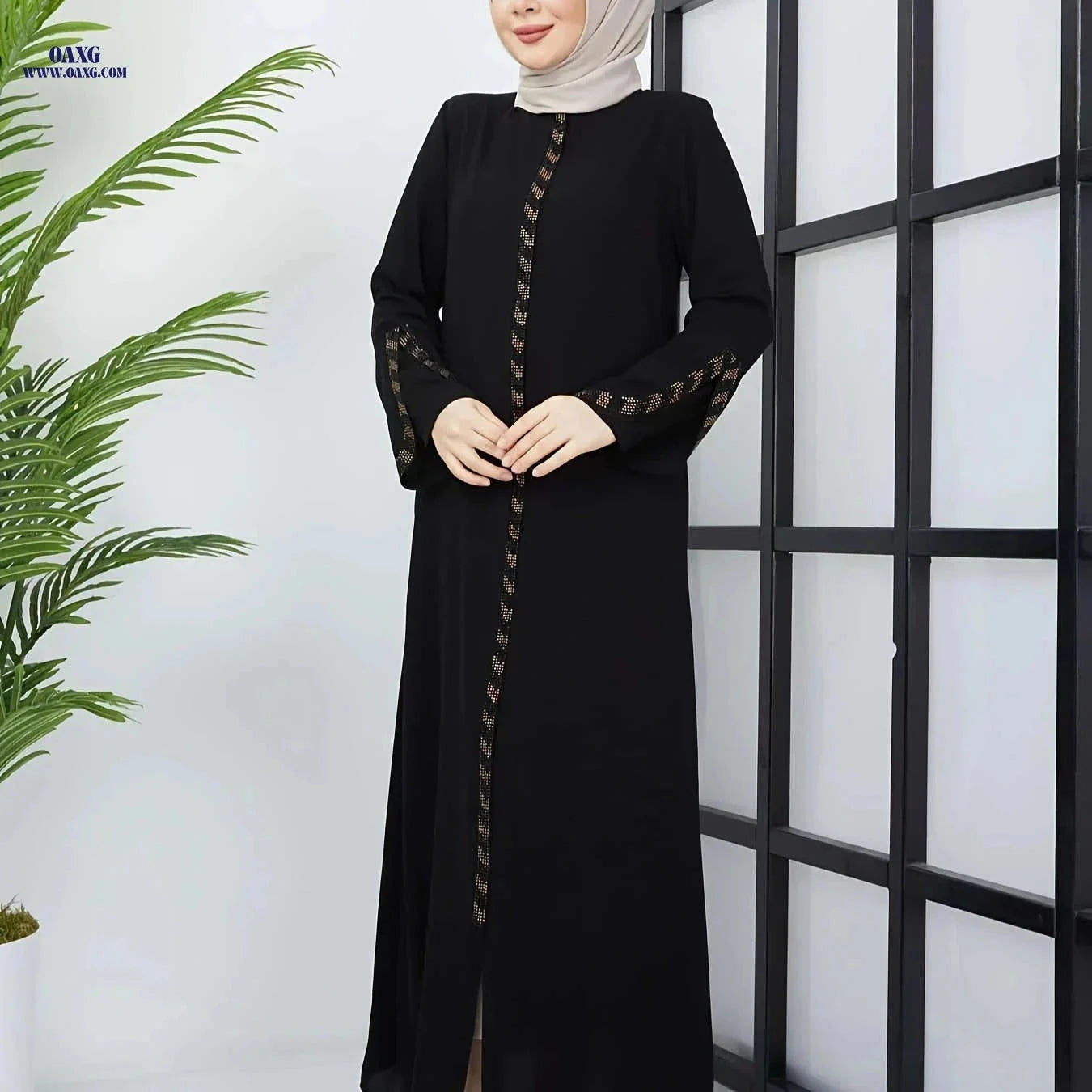 Elegant Muslim Rhinestone Zipper Robe 8360 - Long Length Style   OAXG Black / S