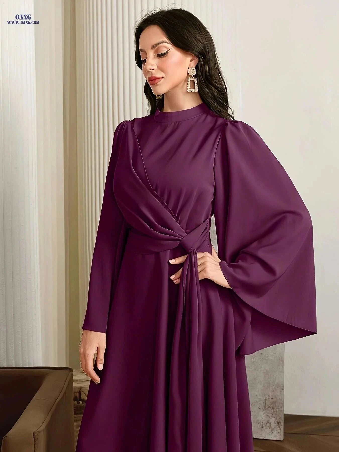 Elegant Muslin Ramadan Dress for Women - Long Flared Sleeves, Embellished   OAXG 