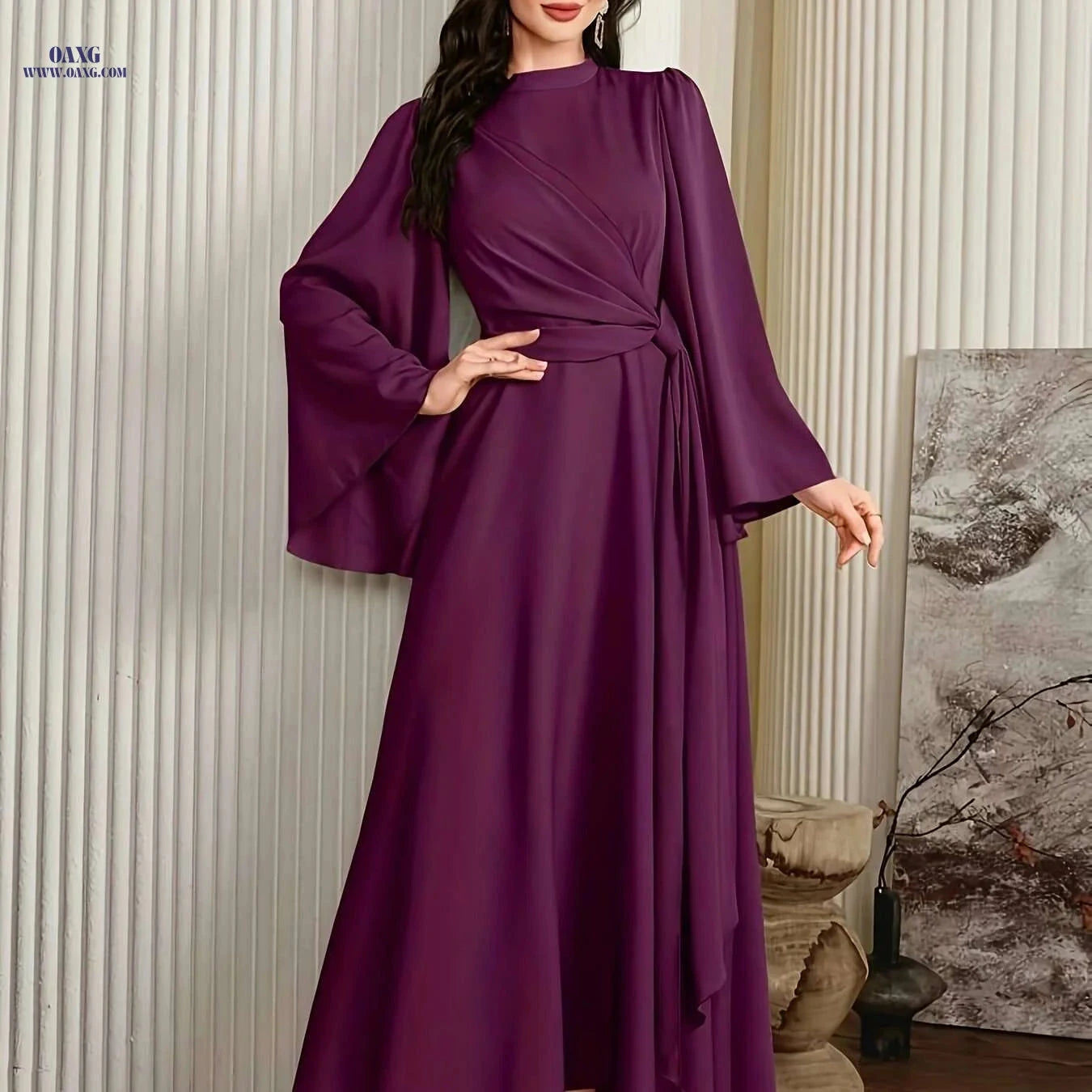 Elegant Muslin Ramadan Dress for Women - Long Flared Sleeves, Embellished   OAXG 