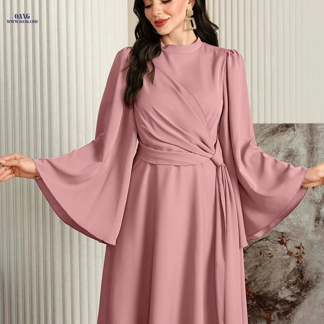 Elegant Muslin Ramadan Dress for Women - Long Flared Sleeves, Embellished   OAXG 