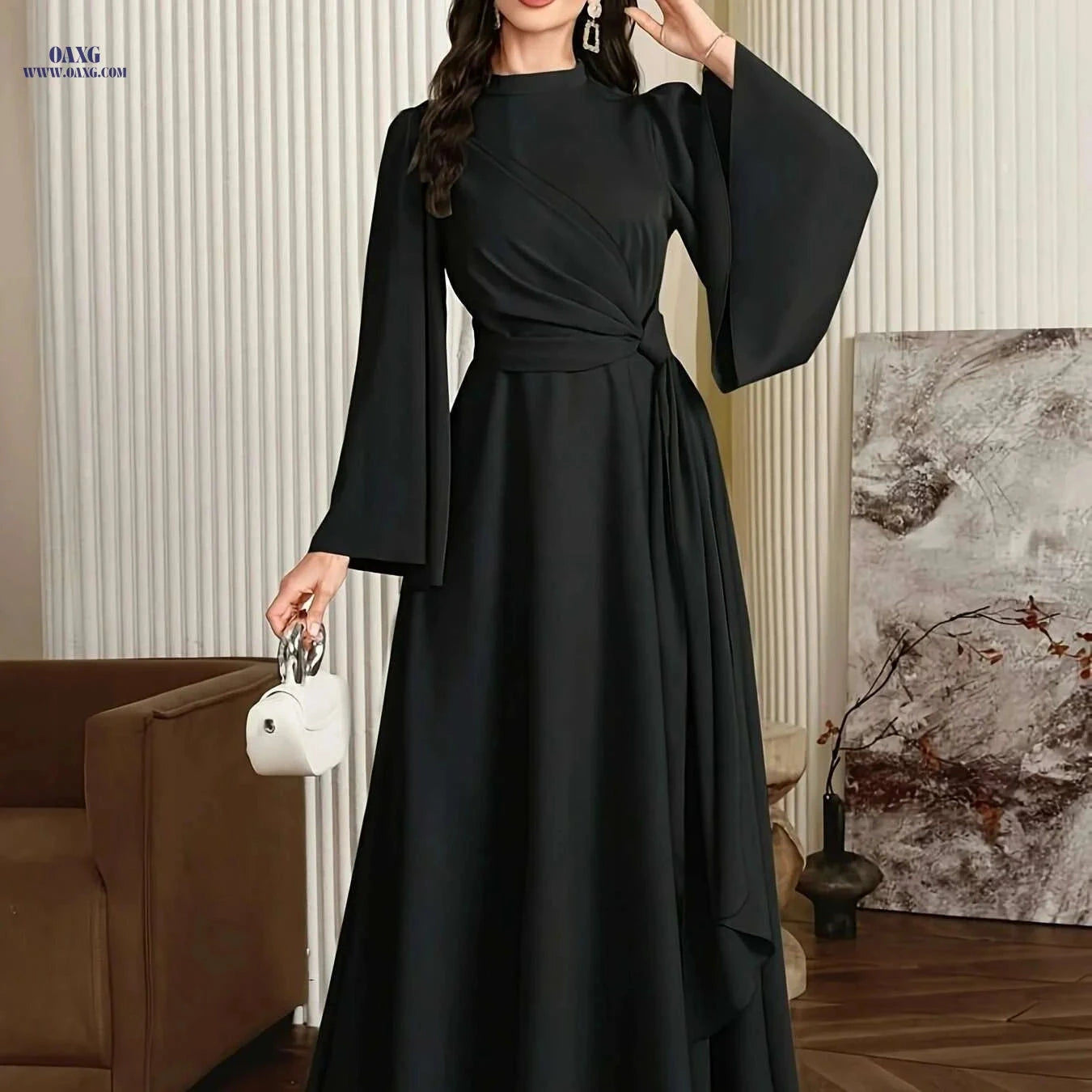 Elegant Muslin Ramadan Dress for Women - Long Flared Sleeves, Embellished   OAXG 
