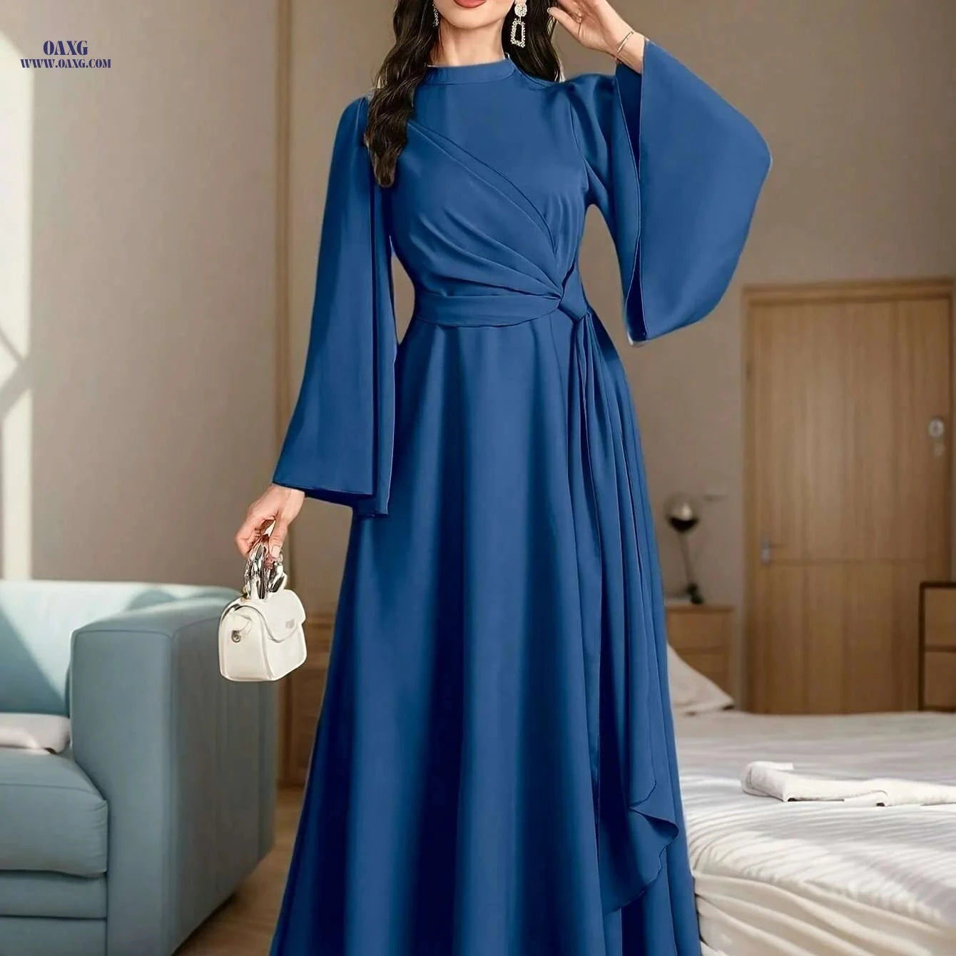 Elegant Muslin Ramadan Dress for Women - Long Flared Sleeves, Embellished   OAXG Silvery Grey / S